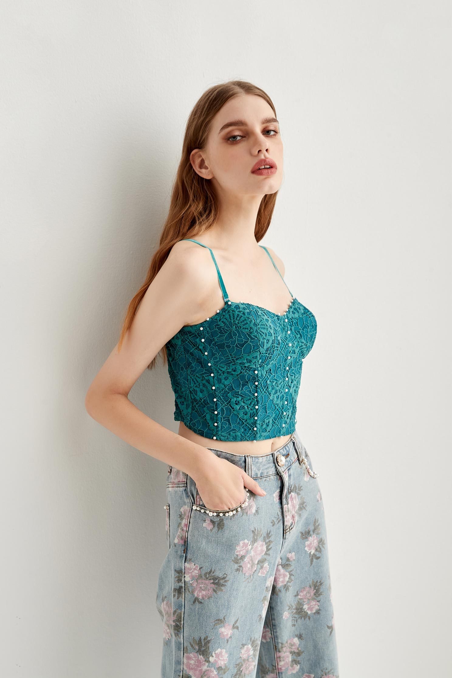 Teal Green Lace Corset Crop Tank TopVintage lace corset,pearl,Season (AW) Look,Thin straps,sleeveless tops,Lace