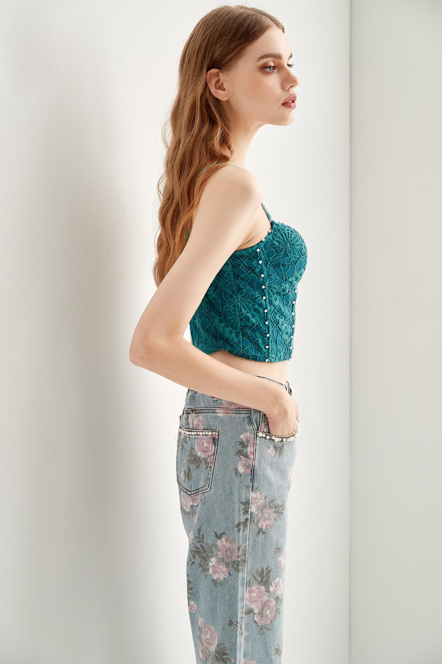 Teal Green Lace Corset Crop Tank TopVintage lace corset,pearl,Season (AW) Look,Thin straps,sleeveless tops,Lace