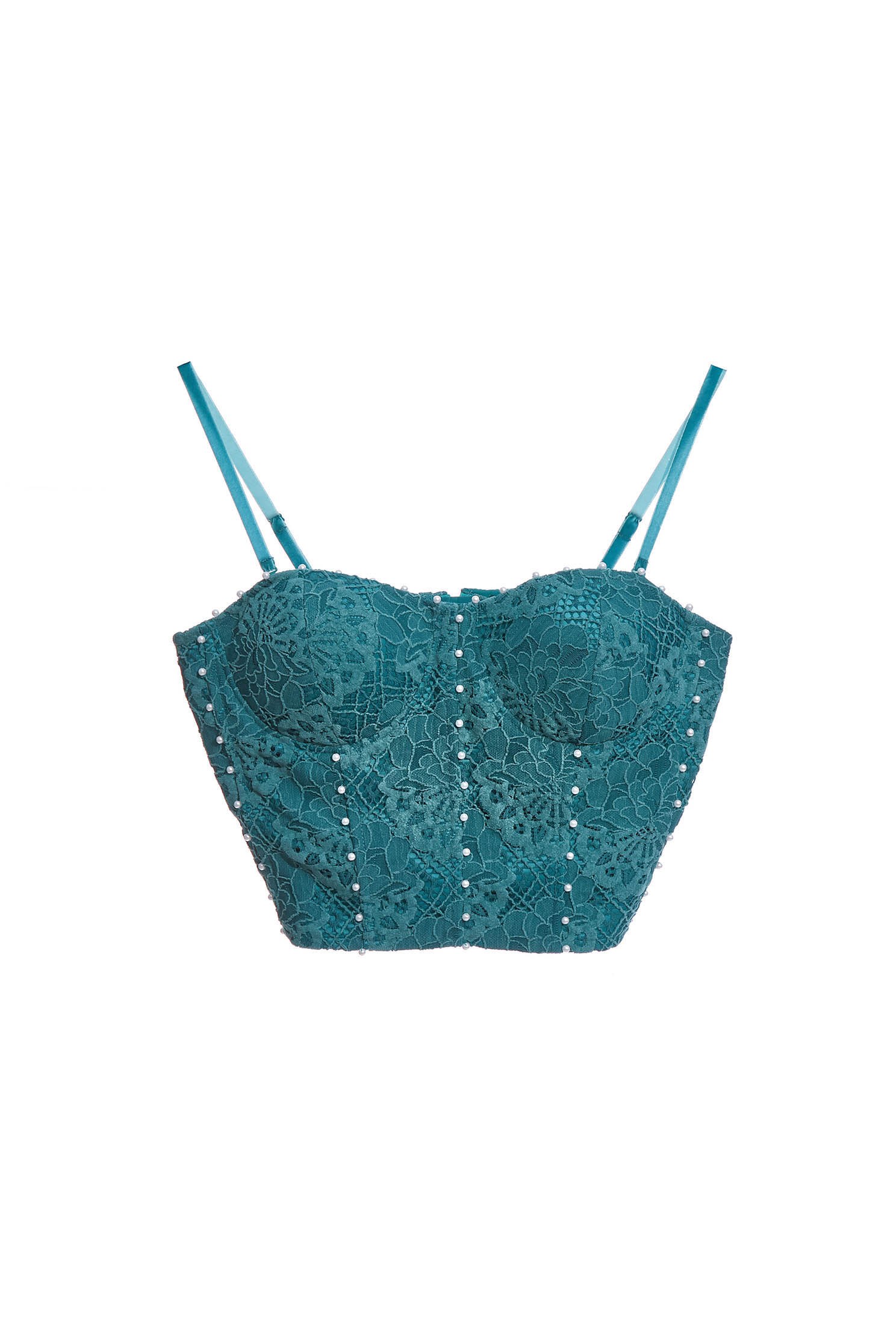 Teal Green Lace Corset Crop Tank TopVintage lace corset,pearl,Season (AW) Look,Thin straps,sleeveless tops,Lace