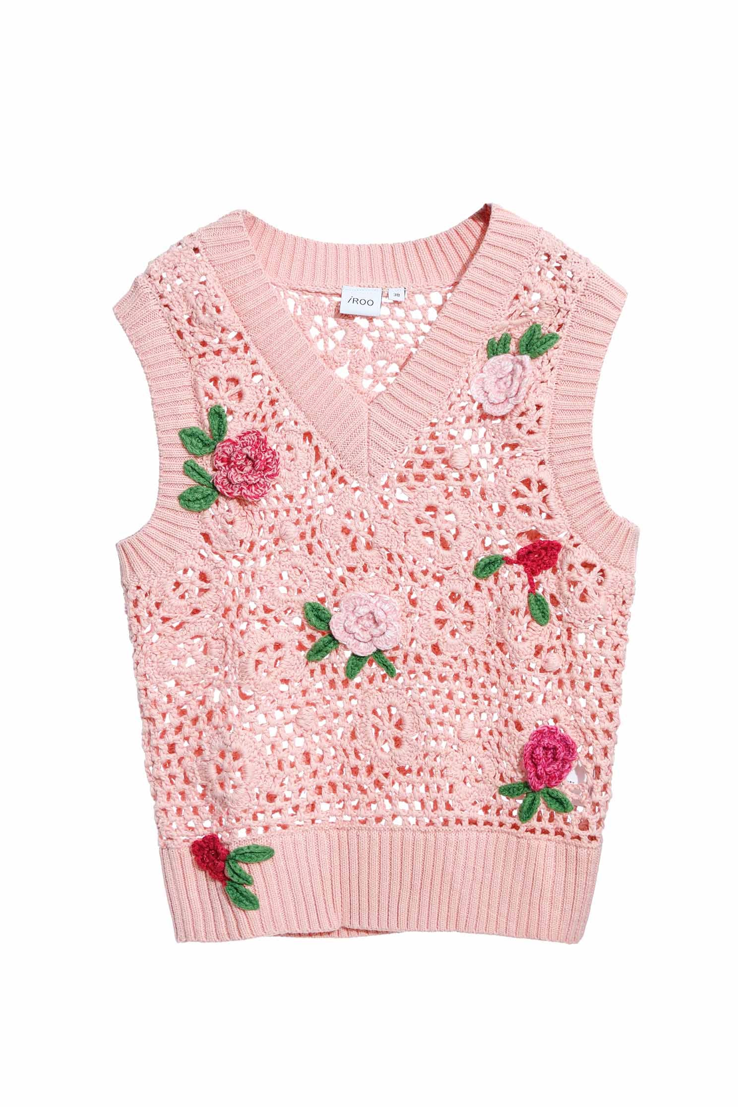 Pink Crochet Knit Vest With 3-D Rose DetailVintage hand crocheted knit vest,V-Neck T shirts,sleeveless tops,Season (AW) Look,Valentine,Cotton,sleeveless tops,Knitted,Knitted tops