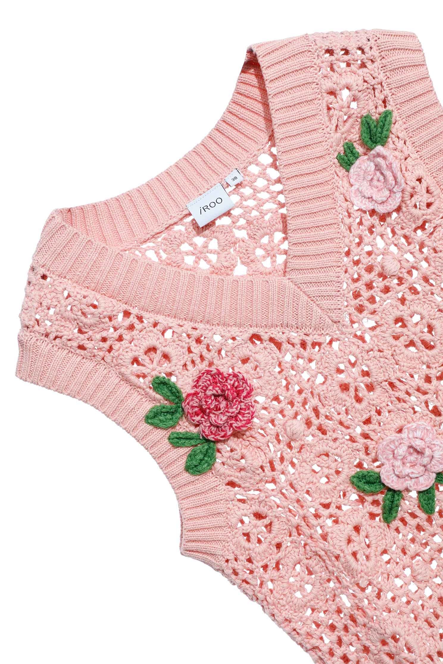 Pink Crochet Knit Vest With 3-D Rose DetailVintage hand crocheted knit vest,V-Neck T shirts,sleeveless tops,Season (AW) Look,Valentine,Cotton,sleeveless tops,Knitted,Knitted tops