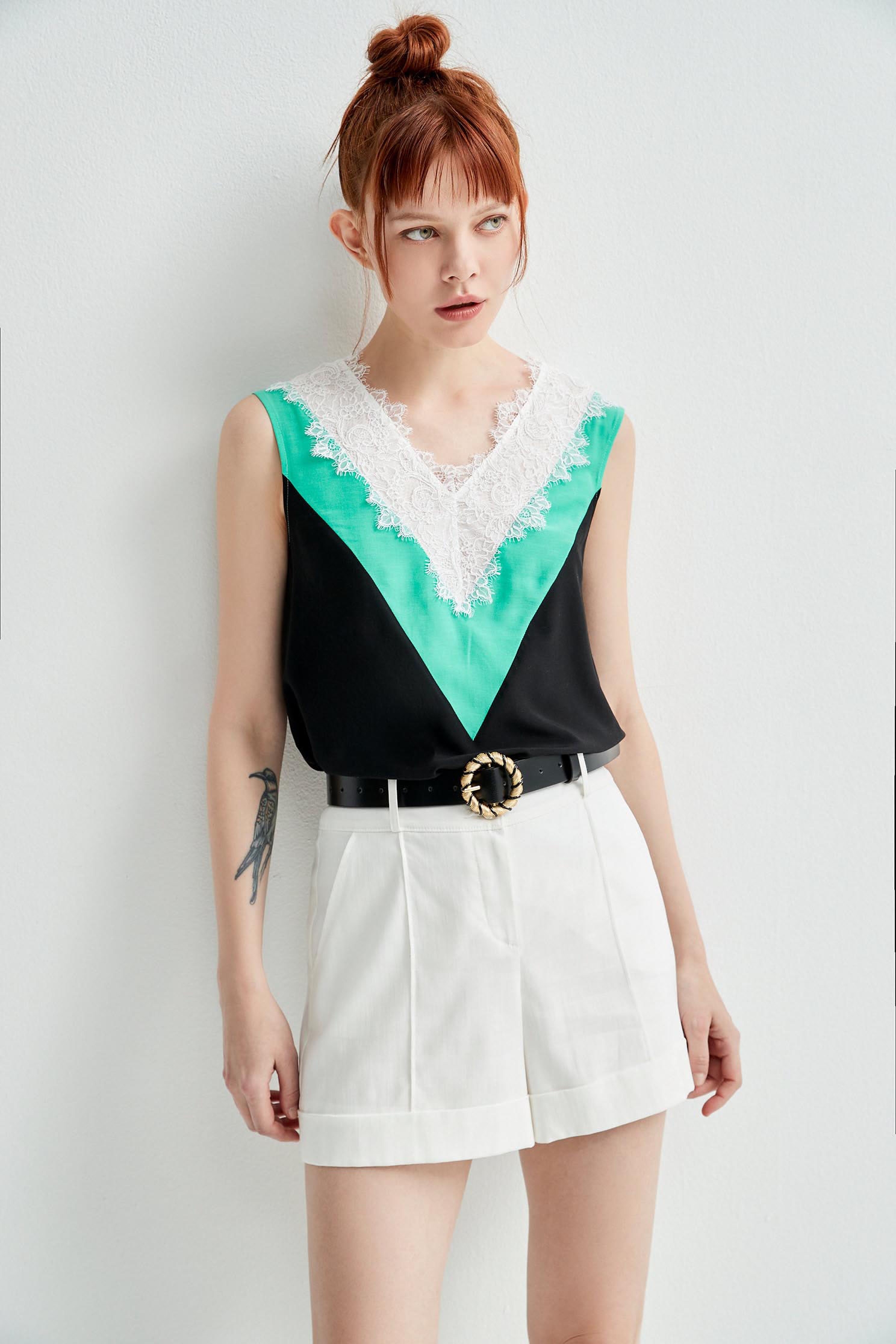 Colour Block Lace Detail VestOlive leaf color lace sleeveless top,sleeveless tops,Tops,Season (SS) Look,sleeveless tops,sleeveless tops,Lace,Lace tops