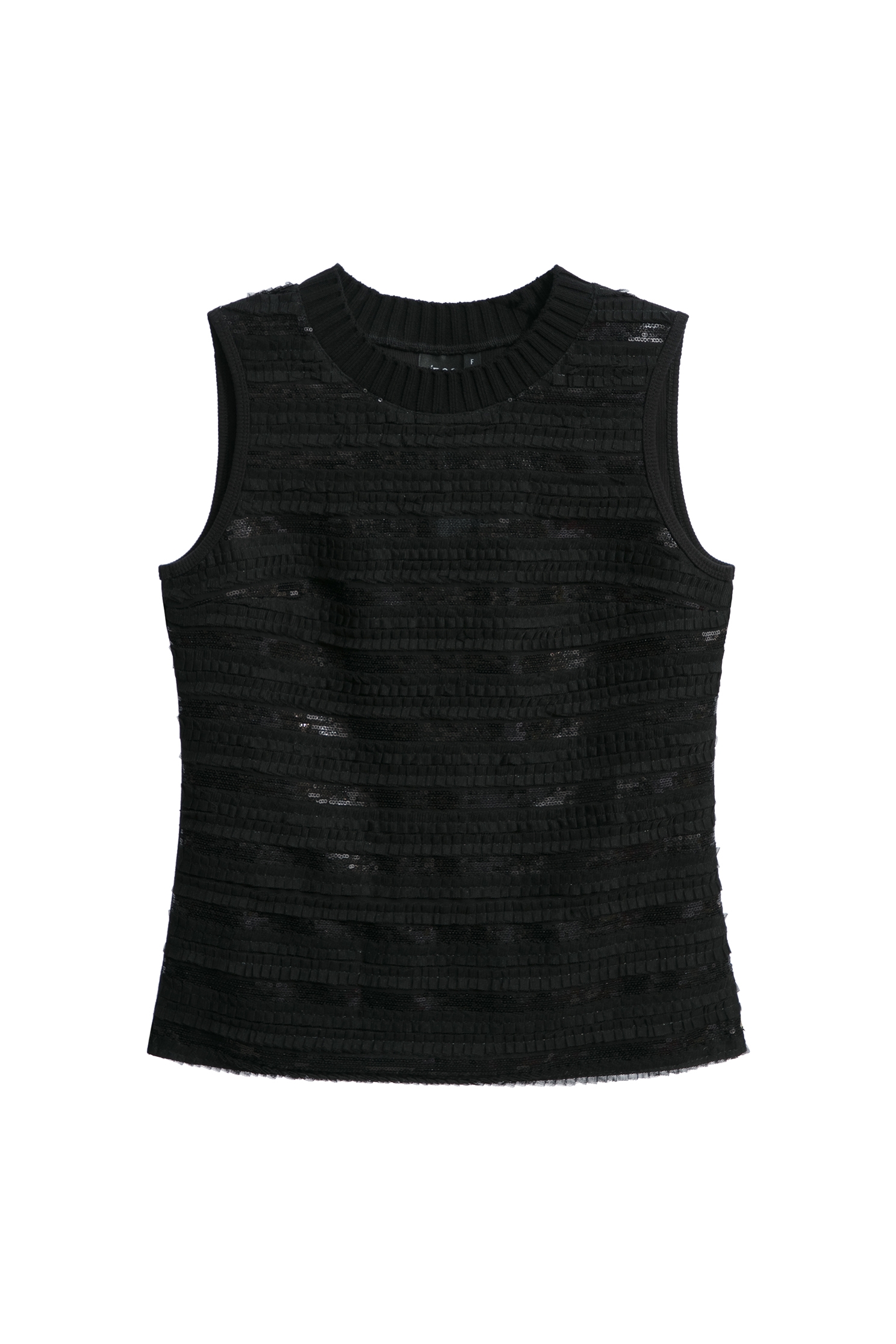 Pleated Mesh Ruffle Trim With Sequin VestPleated Mesh Ruffle Trim With Sequin Vest,sleeveless tops,Tops,Season (SS) Look