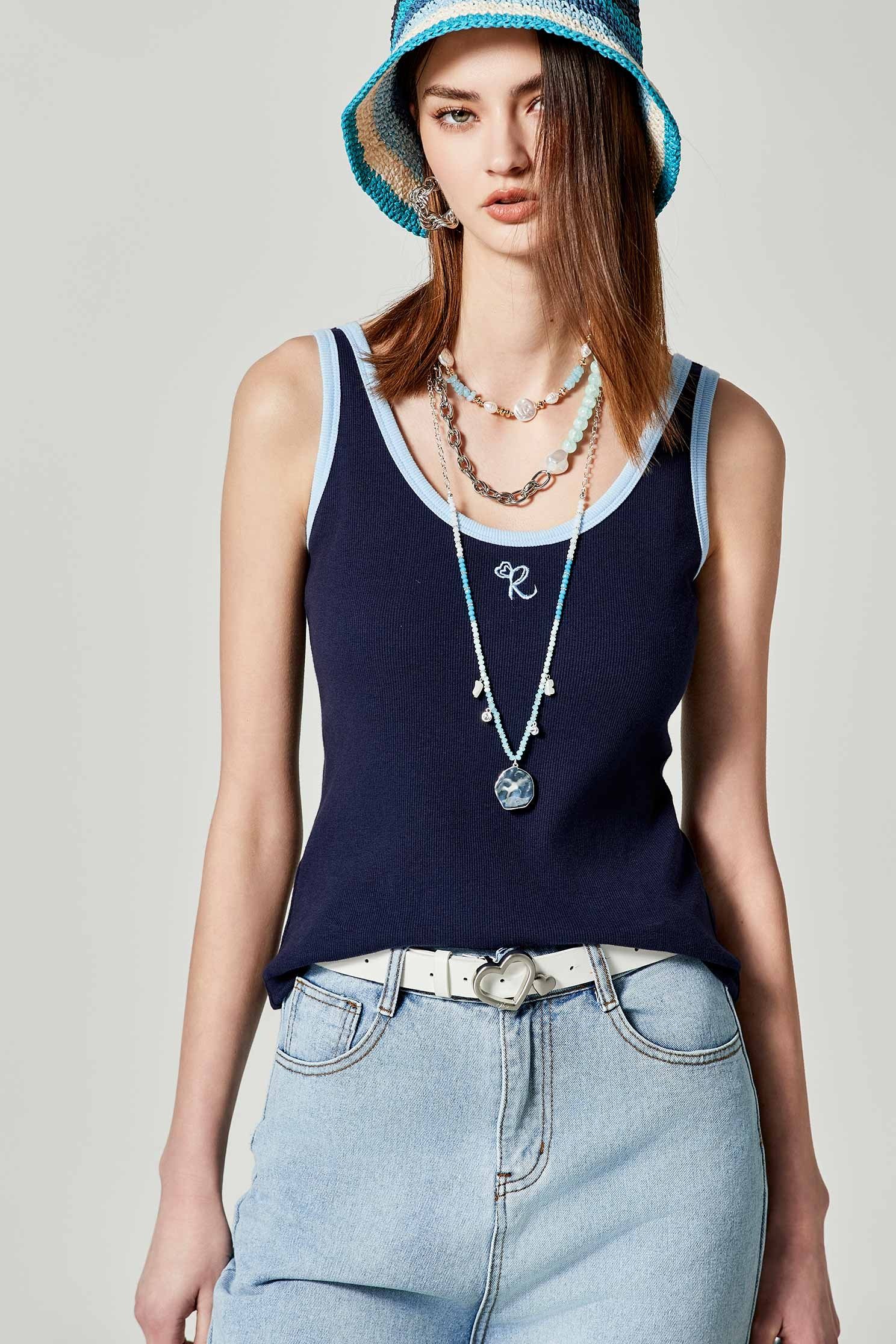 Contrast Trim Knit Tank TopContrast Trim Knit Tank Top,sleeveless tops,Under shirts,Season (SS) Look,Cotton,Embroidered,sleeveless tops