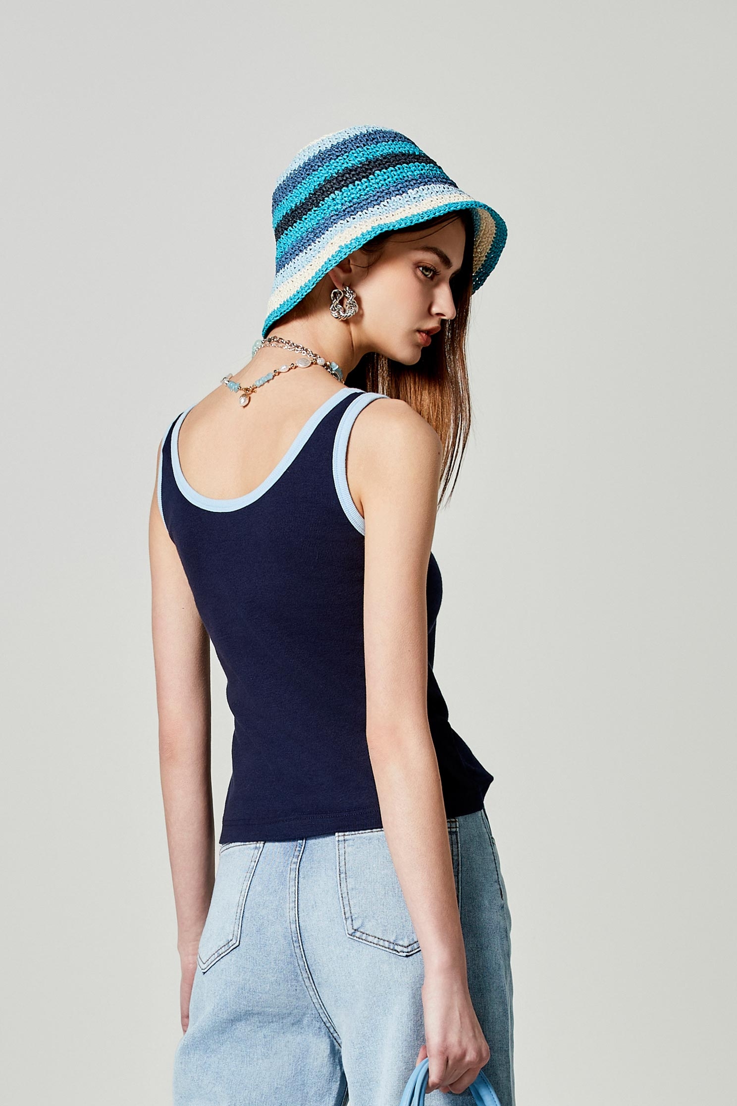 Contrast Trim Knit Tank TopContrast Trim Knit Tank Top,sleeveless tops,Under shirts,Season (SS) Look,Cotton,Embroidered,sleeveless tops