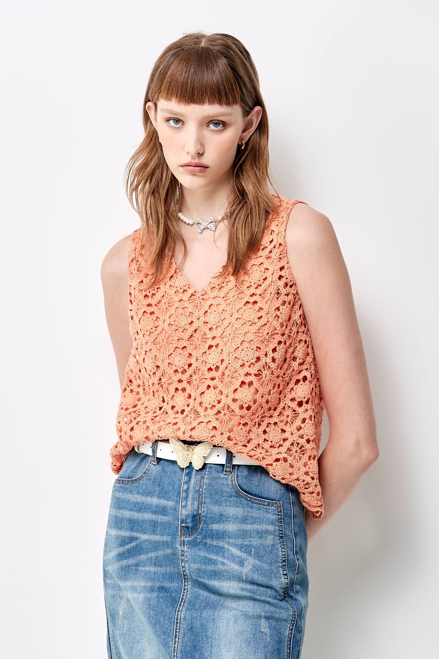 V-neck Orange Lace VestV-neck Orange Lace Vest,sleeveless tops,Tops,Under shirts,Season (SS) Look,sleeveless tops,sleeveless tops,Lace,Lace tops