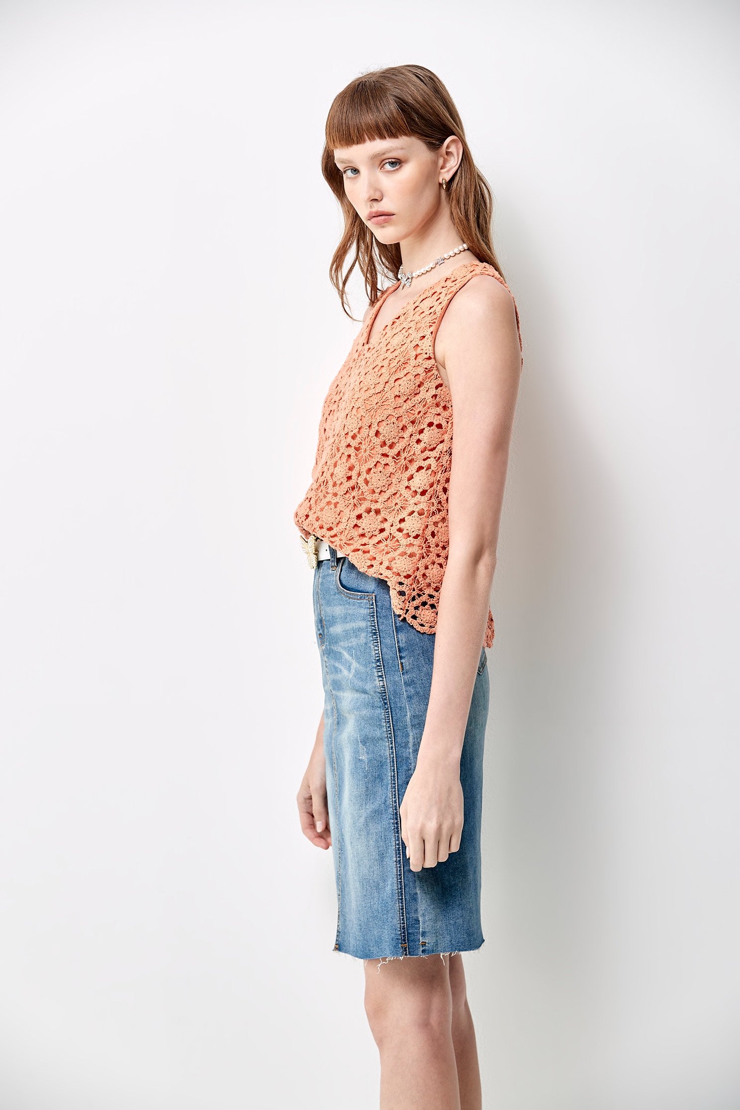 V-neck Orange Lace VestV-neck Orange Lace Vest,sleeveless tops,Tops,Under shirts,Season (SS) Look,sleeveless tops,sleeveless tops,Lace,Lace tops