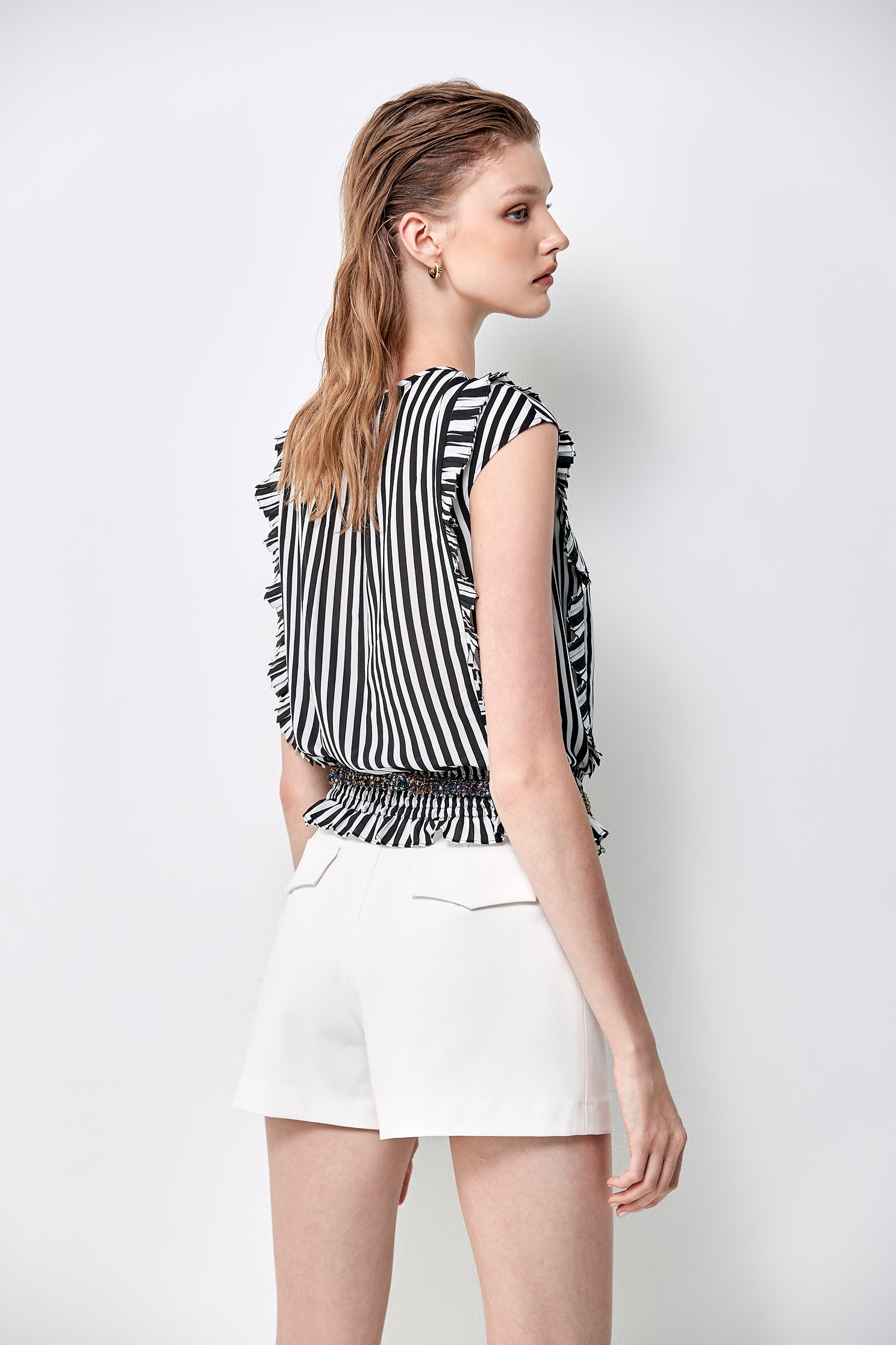 Black Stripe Vest With Pleated Trim DetailBlack Stripe Vest With Pleated Trim Detail,sleeveless tops,Tops,Season (SS) Look,Stripe,Chiffon