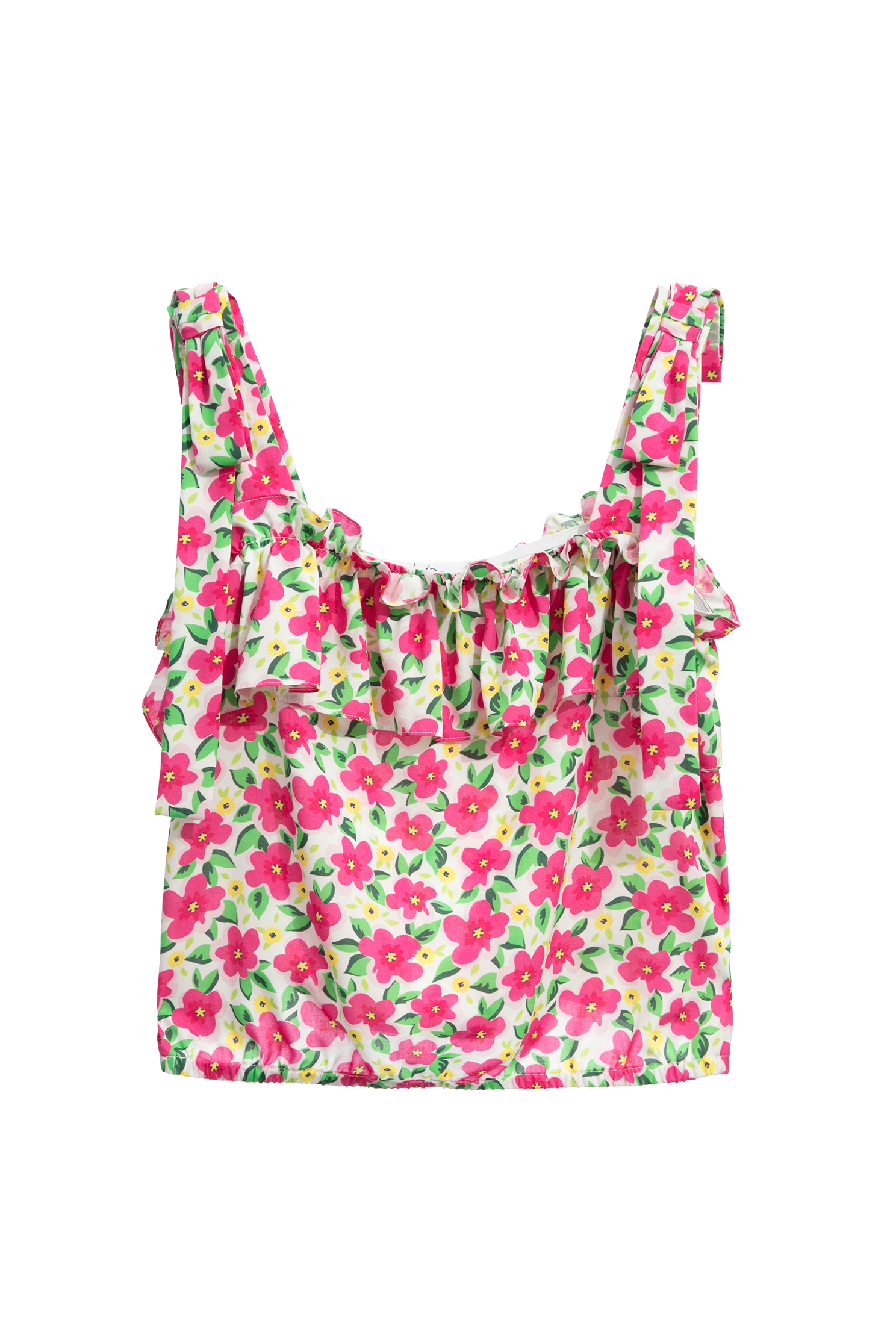 Bold Floral Vest With Pleated Flounce NecklineBold Floral Vest With Pleated Flounce Neckline,sleeveless tops,Tops,Season (SS) Look,sleeveless tops,sleeveless tops,bows