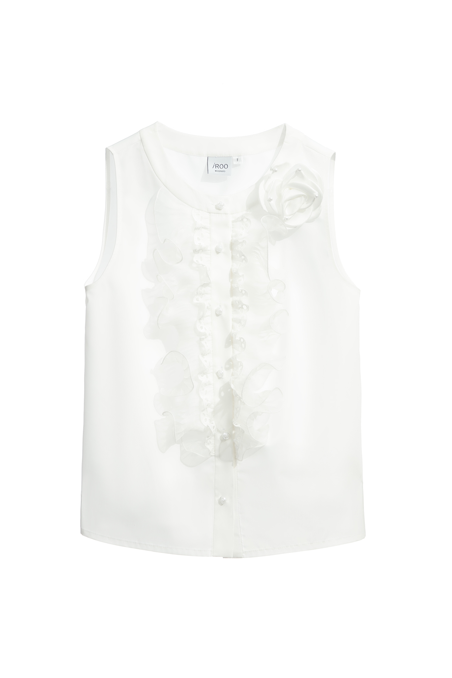 Button Front Vest With Pleated Ruffle DetailButton Front Vest With Pleated Ruffle Detail,Tops,Embroidered,Season (SS) Look,Lace,Blouses