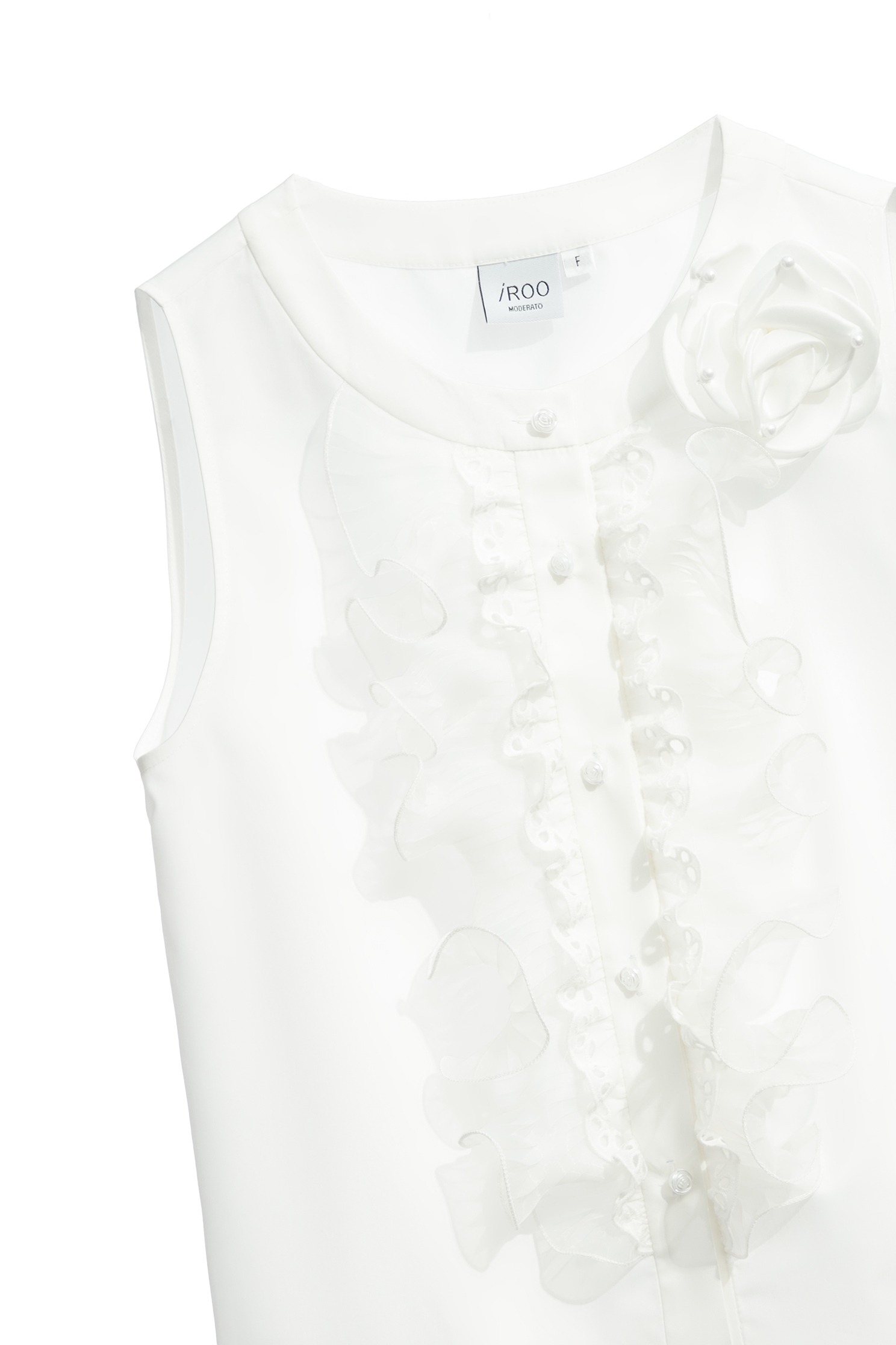 Button Front Vest With Pleated Ruffle DetailButton Front Vest With Pleated Ruffle Detail,Tops,Embroidered,Season (SS) Look,Lace,Blouses