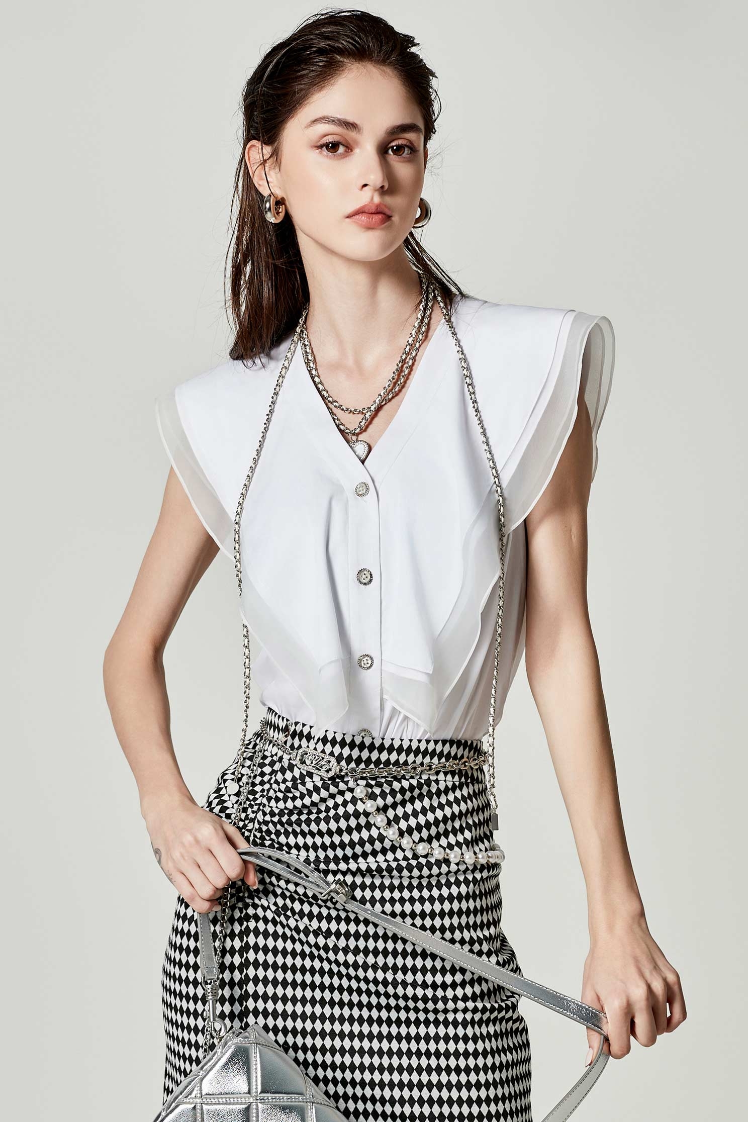 Button Front Vest With Layer Ruffle DetailButton Front Vest With Layer Ruffle Detail,sleeveless tops,Tops,Season (SS) Look