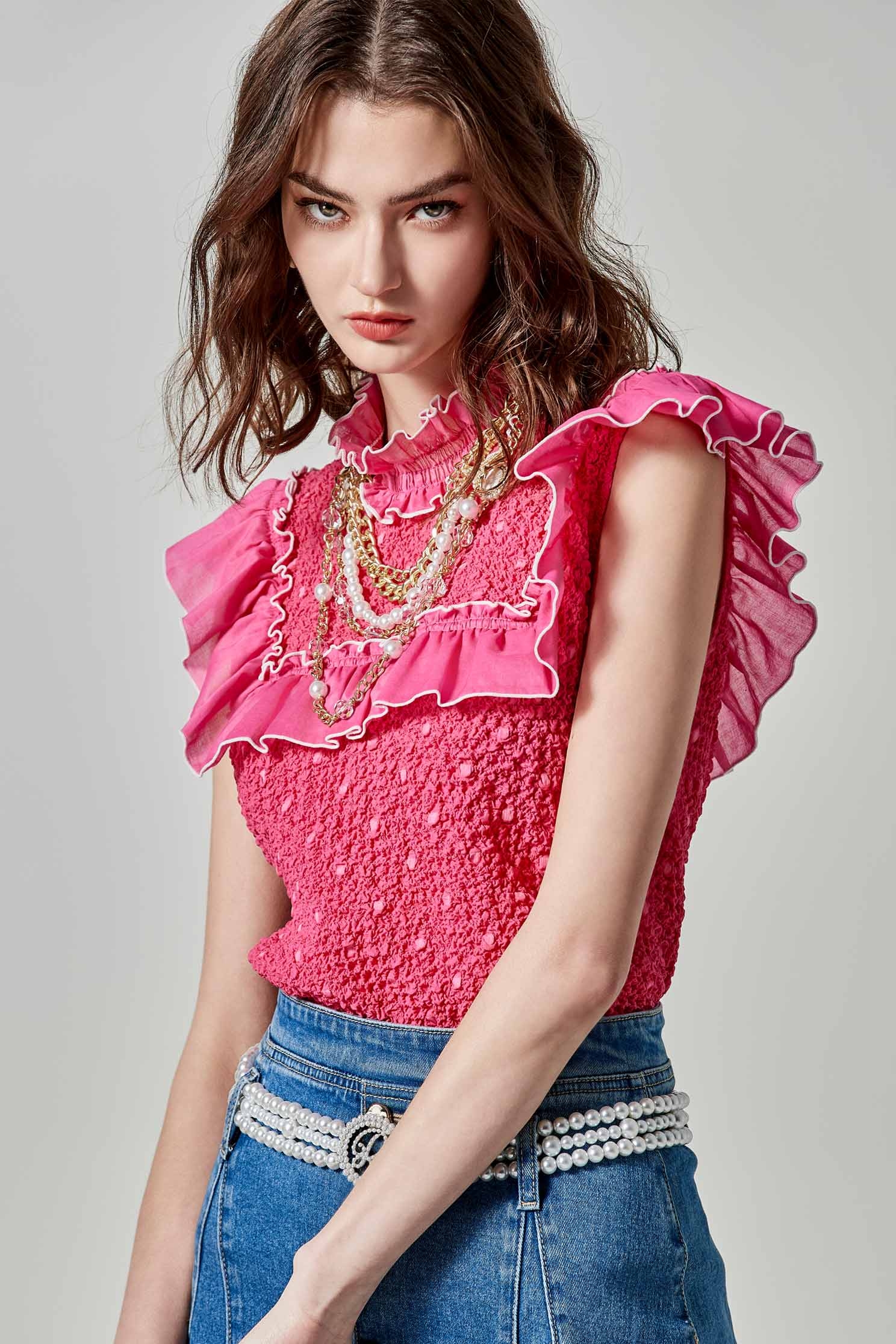 Dotted Pink Vest With Ruffle DetailDotted Pink Vest With Ruffle Detail,sleeveless tops,Tops,Season (SS) Look