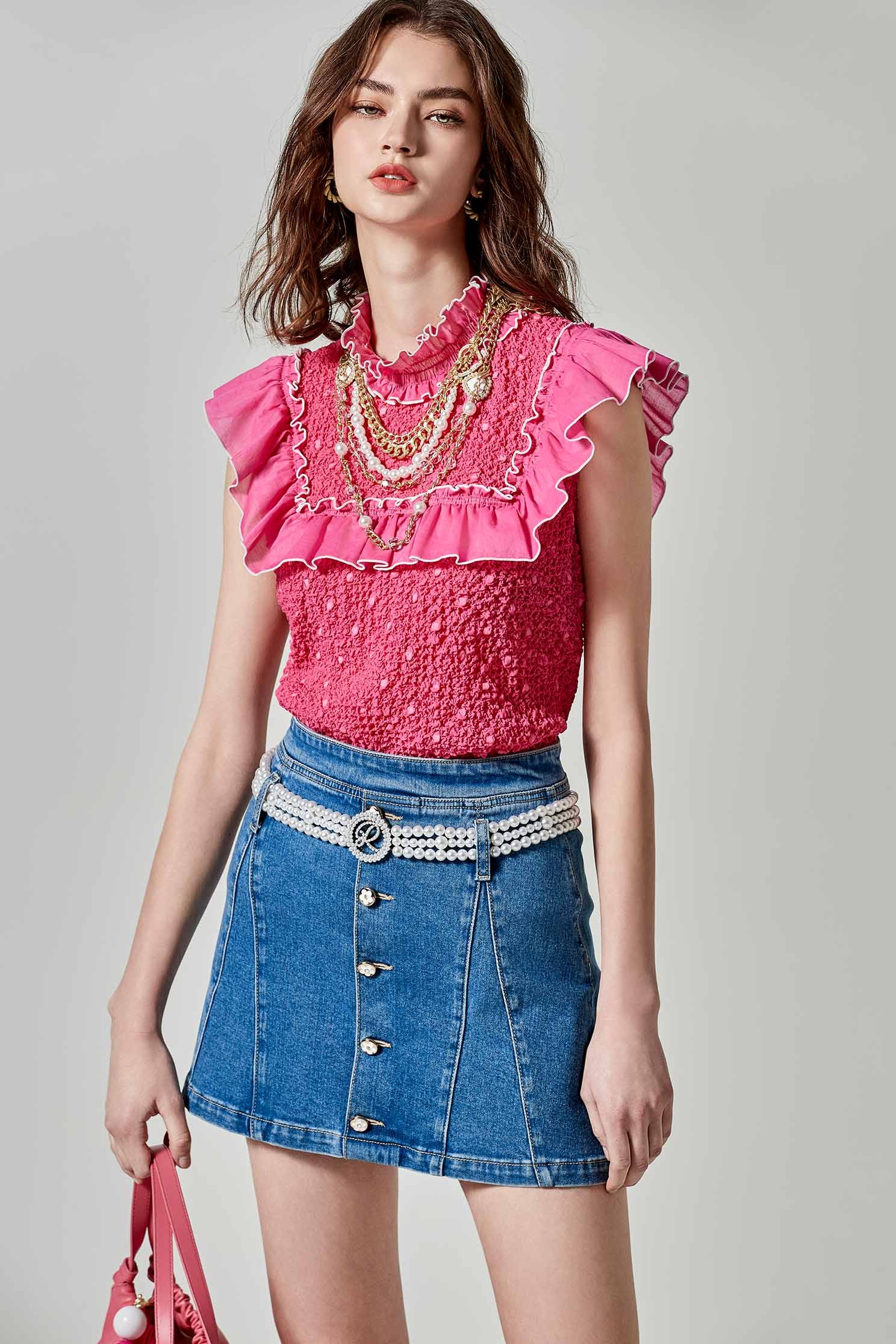 Dotted Pink Vest With Ruffle DetailDotted Pink Vest With Ruffle Detail,sleeveless tops,Tops,Season (SS) Look