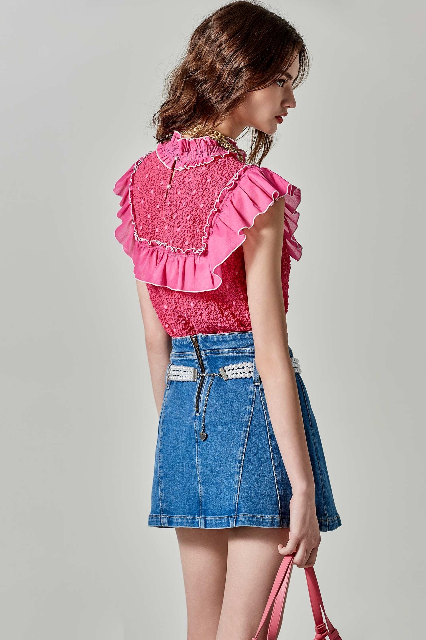 Dotted Pink Vest With Ruffle DetailDotted Pink Vest With Ruffle Detail,sleeveless tops,Tops,Season (SS) Look