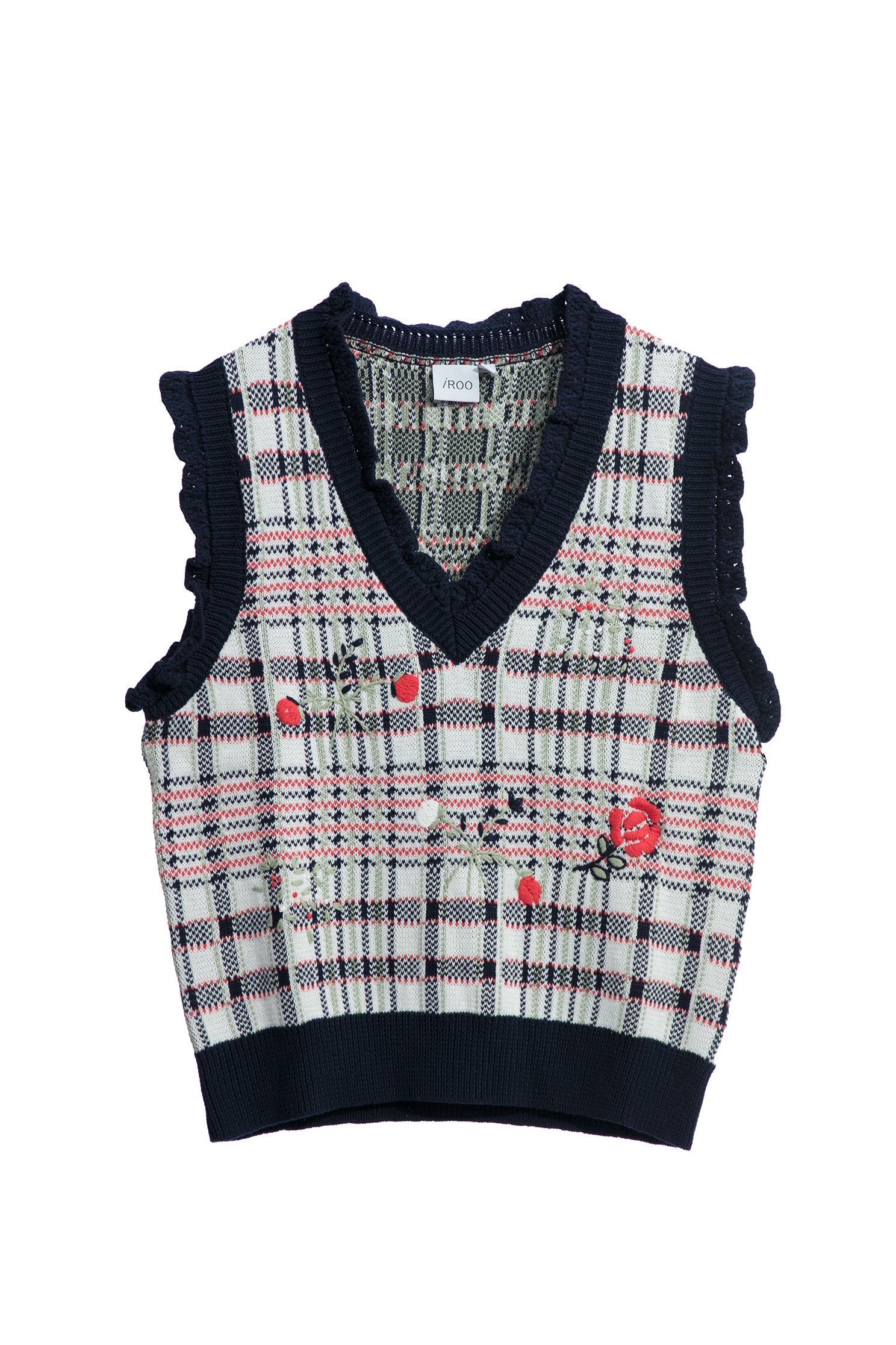 Checkered Knit Vest With Floral EmbroideryCheckered Knit Vest With Floral Embroidery,sleeveless tops,Tops,Embroidered,Plaid,sleeveless tops,Season (AW) Look,Cotton,Embroidered,sleeveless tops,Knitted,Knitted tops,Knitted tops