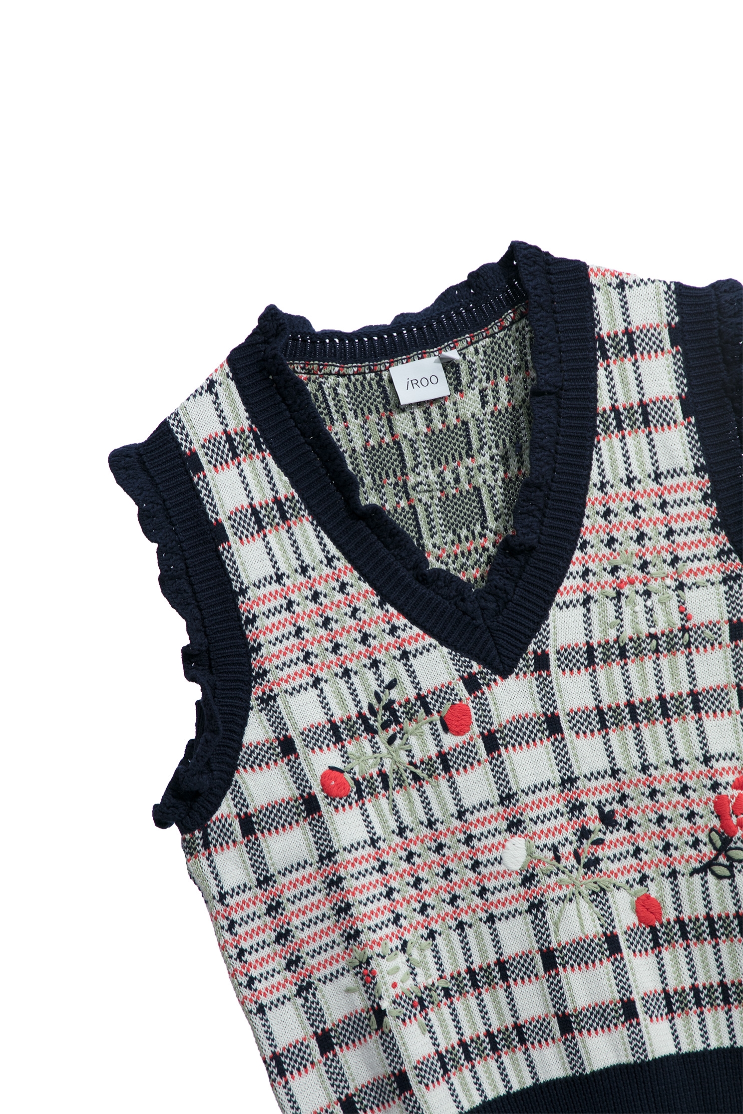 Checkered Knit Vest With Floral EmbroideryCheckered Knit Vest With Floral Embroidery,sleeveless tops,Tops,Embroidered,Plaid,sleeveless tops,Season (AW) Look,Cotton,Embroidered,sleeveless tops,Knitted,Knitted tops,Knitted tops