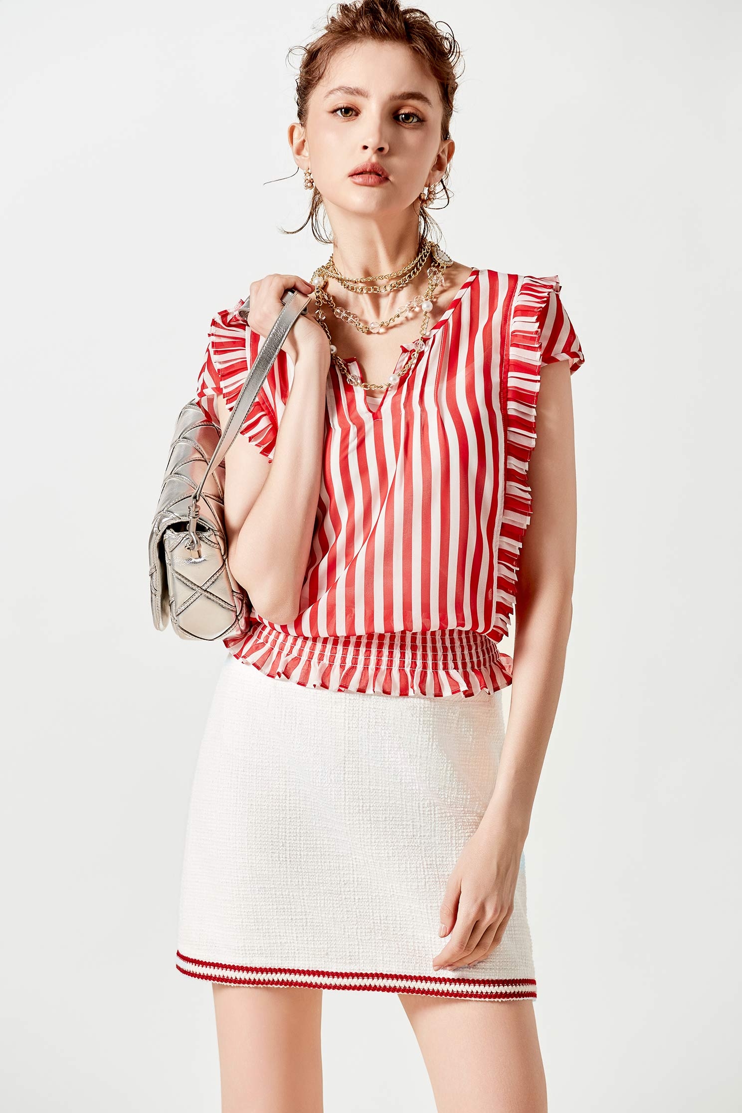 Red White Stripe Pleated Ruffle TopRed White Stripe Pleated Ruffle Top,sleeveless tops,Tops,Season (SS) Look,Chiffon