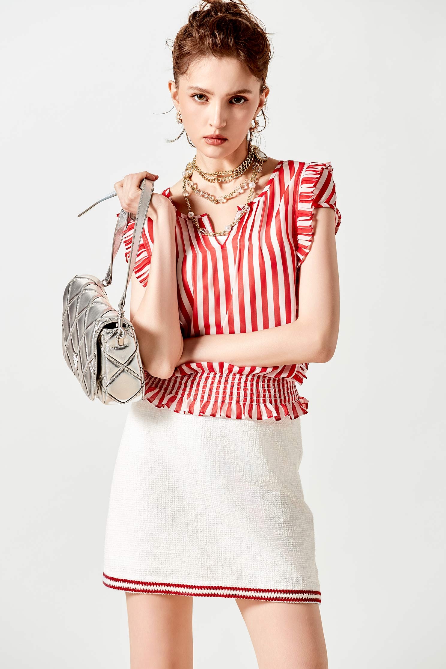 Red White Stripe Pleated Ruffle TopRed White Stripe Pleated Ruffle Top,sleeveless tops,Tops,Season (SS) Look,Chiffon