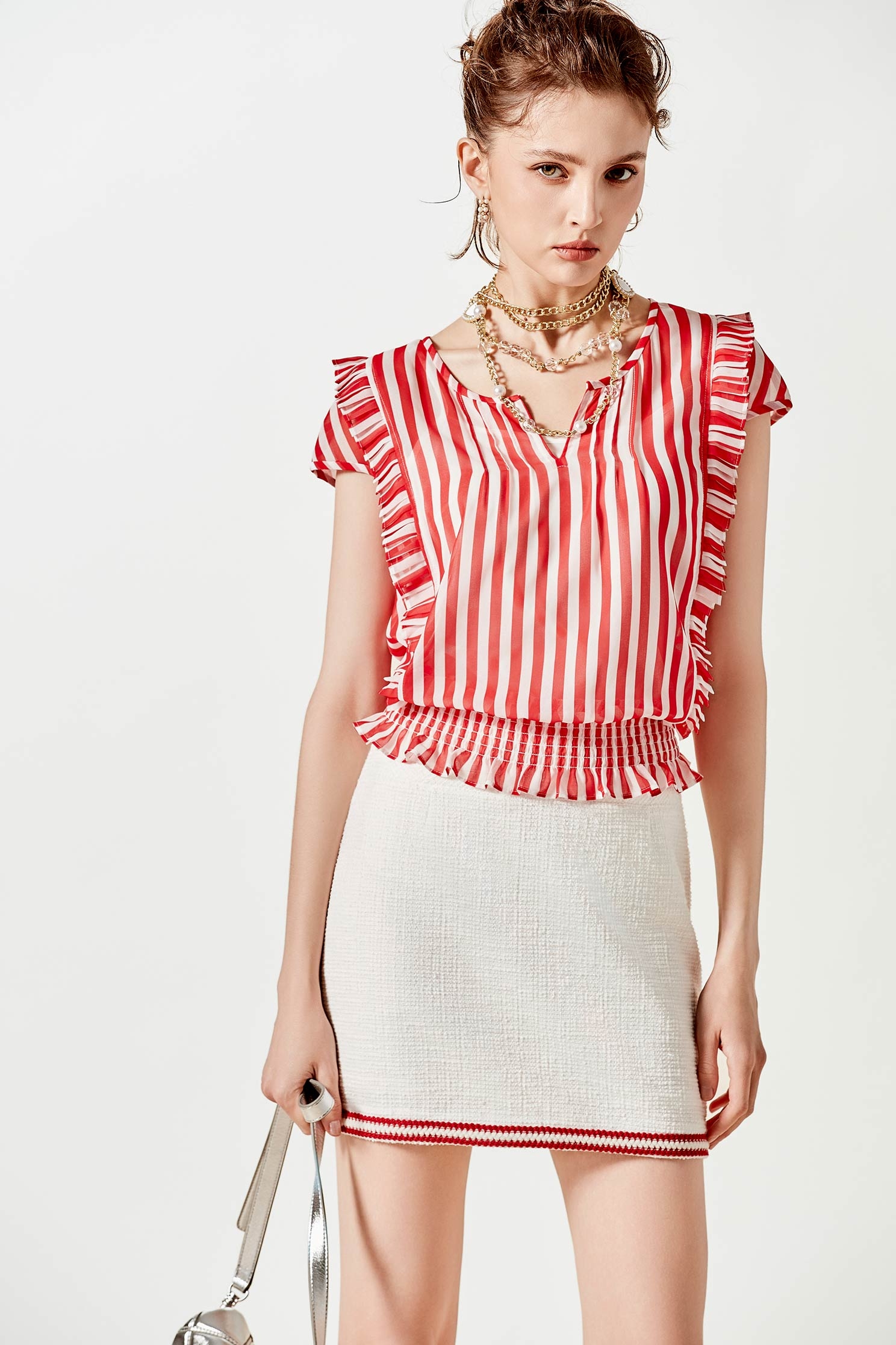 Red White Stripe Pleated Ruffle TopRed White Stripe Pleated Ruffle Top,sleeveless tops,Tops,Season (SS) Look,Chiffon