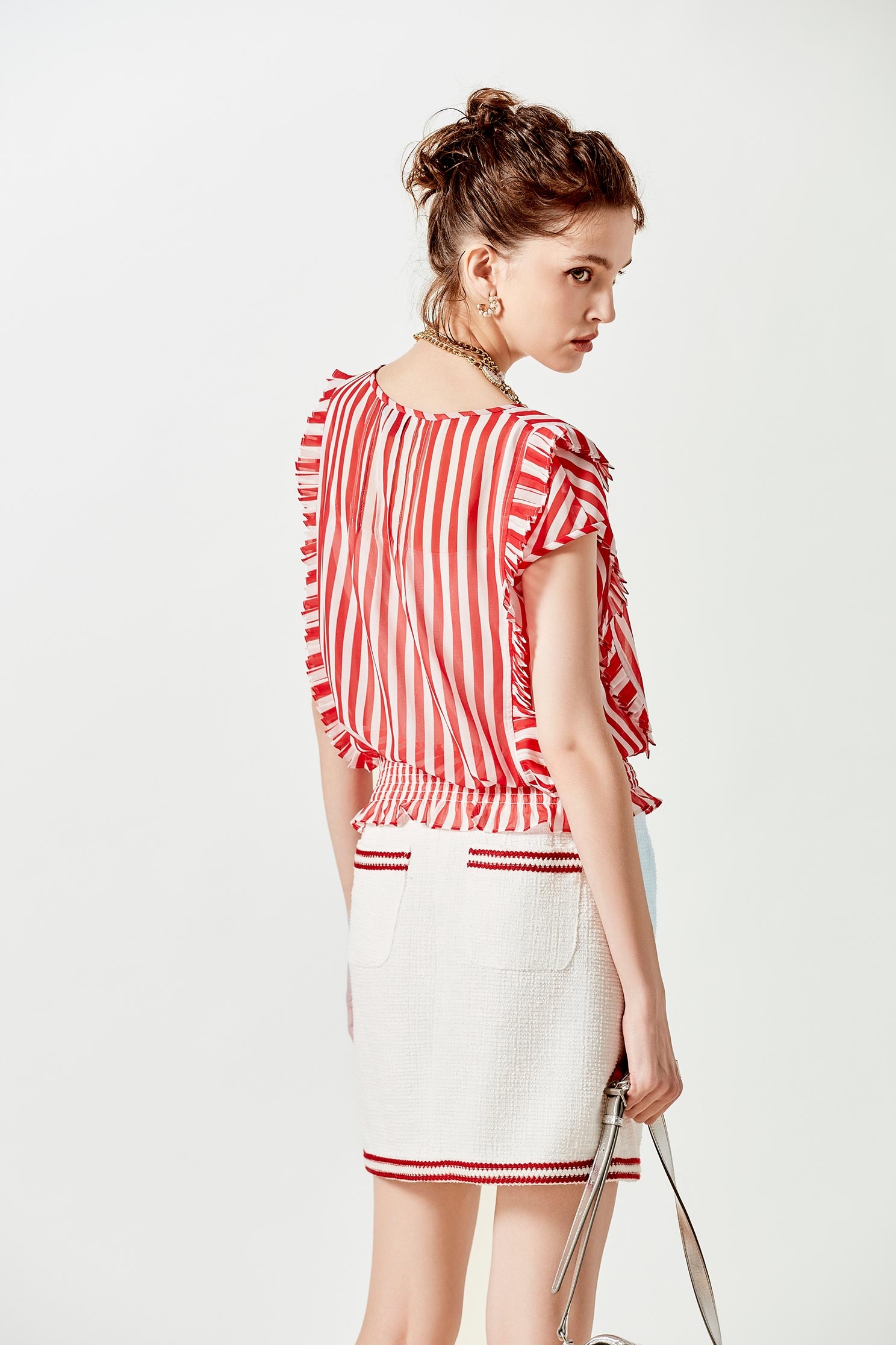 Red White Stripe Pleated Ruffle TopRed White Stripe Pleated Ruffle Top,sleeveless tops,Tops,Season (SS) Look,Chiffon