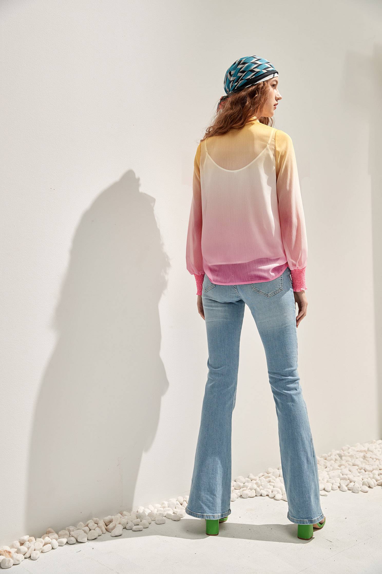 Pastel Colour Gradient Chiffon BlouseGradient rainbow print top,V-Neck T shirts,Tops,Under shirts,Season (SS) Look,mothergift,Pink,Thin straps,sleeveless tops,bows,Long sleeve tops,Chiffon