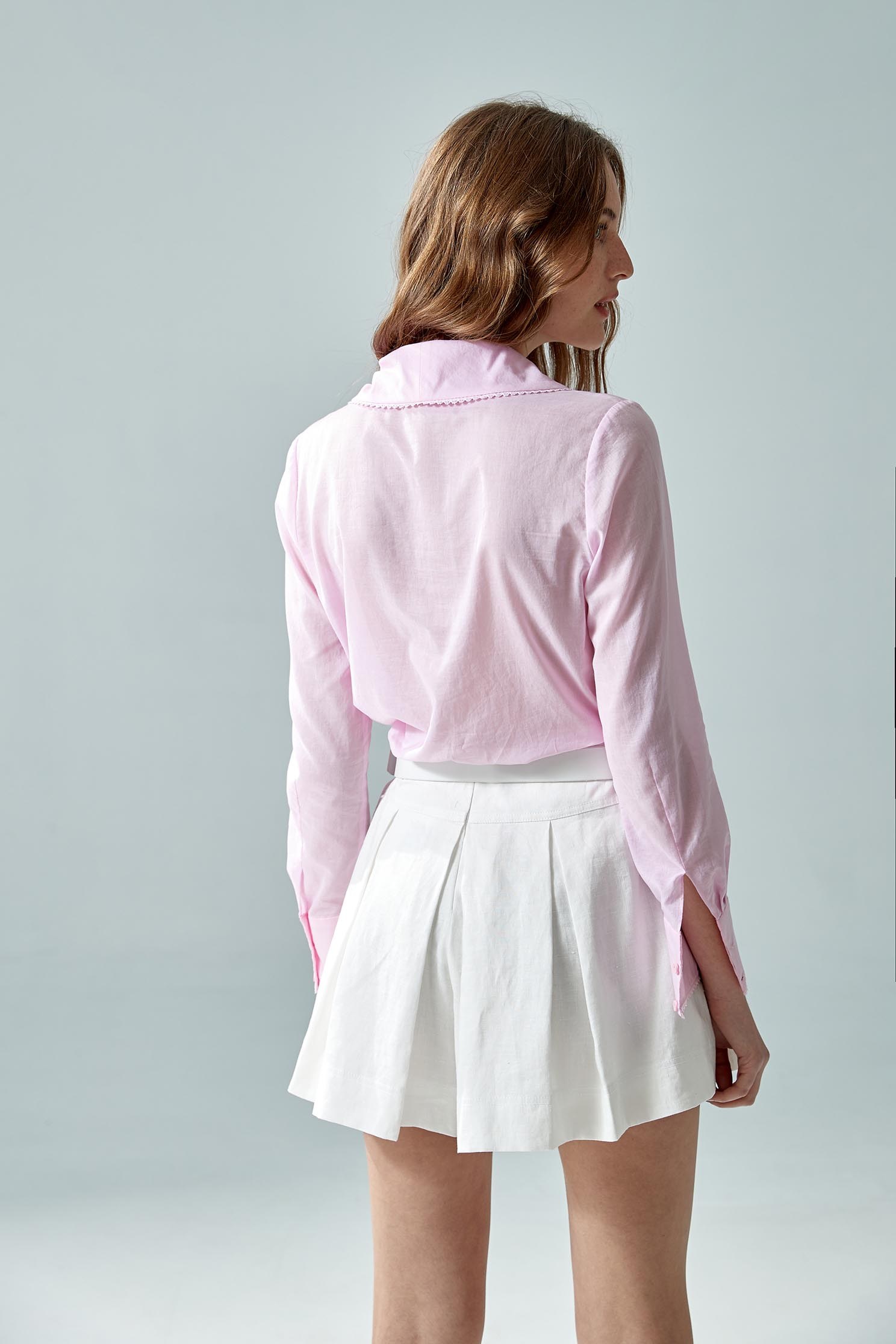 Front Pleat Blouse With Collar Trim DetailsDouble-breasted shirt,Office Looks,Tops,Season (SS) Look,mothergift,White tops,Pink,Lace,Blouses