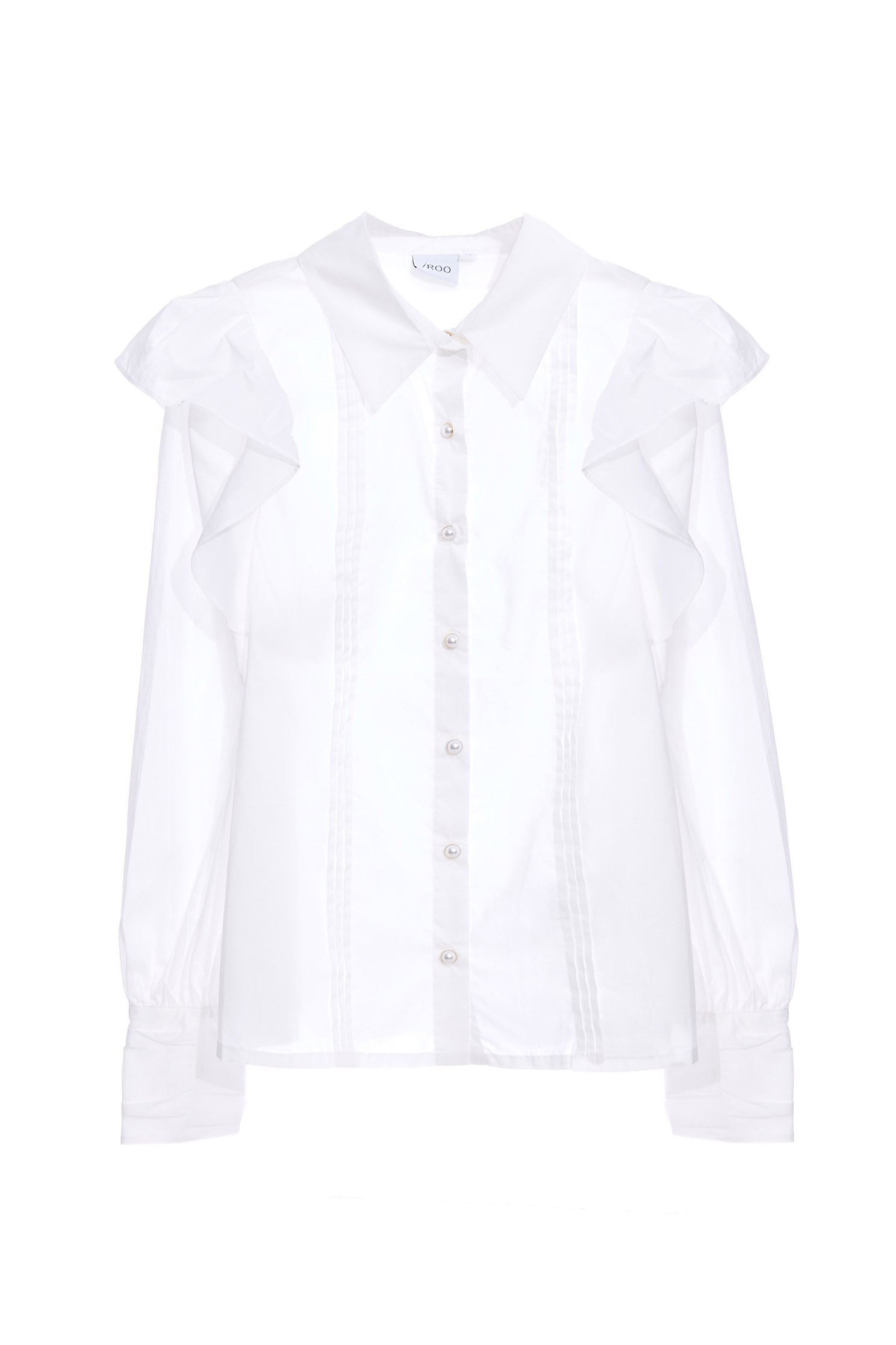 Front Pleats Blouse With Ruffle DetailsRuffled shoulder Shirt,Tops,Season (SS) Look,pearl,White tops,Blouses,Long sleeve tops