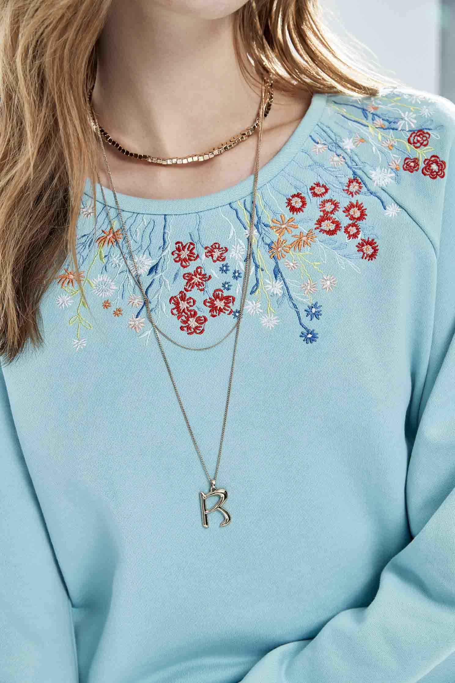 Floral Embroidered Blue Sweatshirtdaisy embroidered neckline sweatshirt,Tops,Embroidered,goodlucknewyear,mothergift,healing colors,Season (AW) Look,Cotton,blossoms,Sweaters