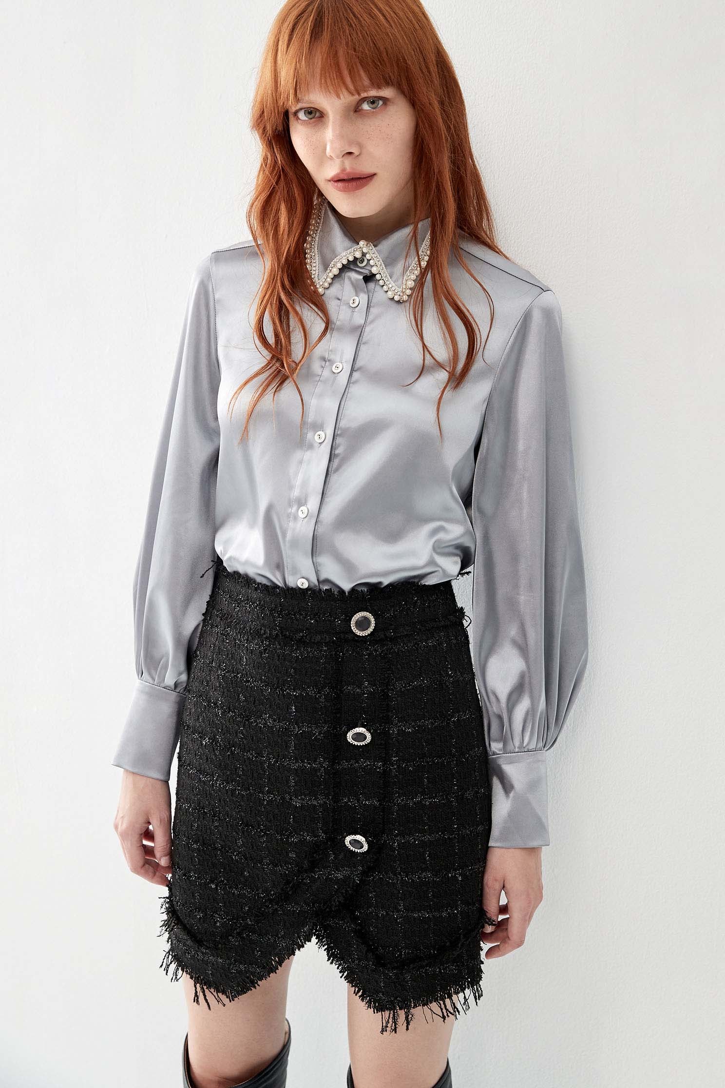 Grey Satin Blouse With Pearl Collar DetailShirt with pearl collar,Tops,pearl,Season (AW) Look,Valentine,Blouses