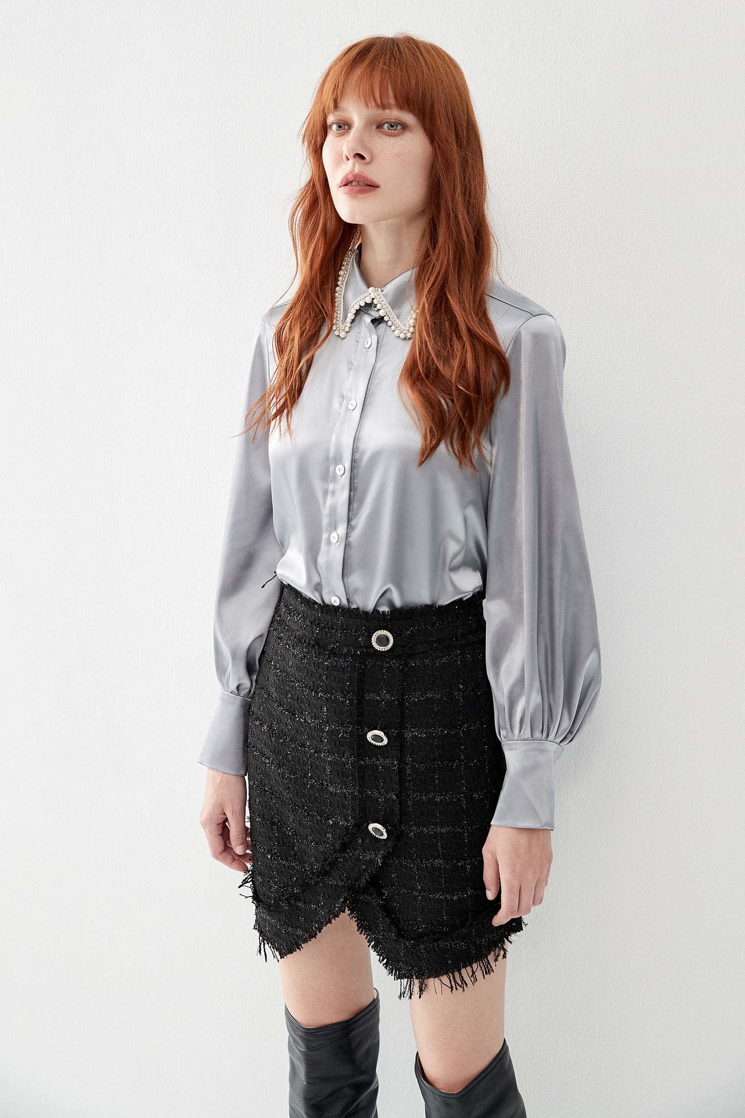 Grey Satin Blouse With Pearl Collar DetailShirt with pearl collar,Tops,pearl,Season (AW) Look,Valentine,Blouses