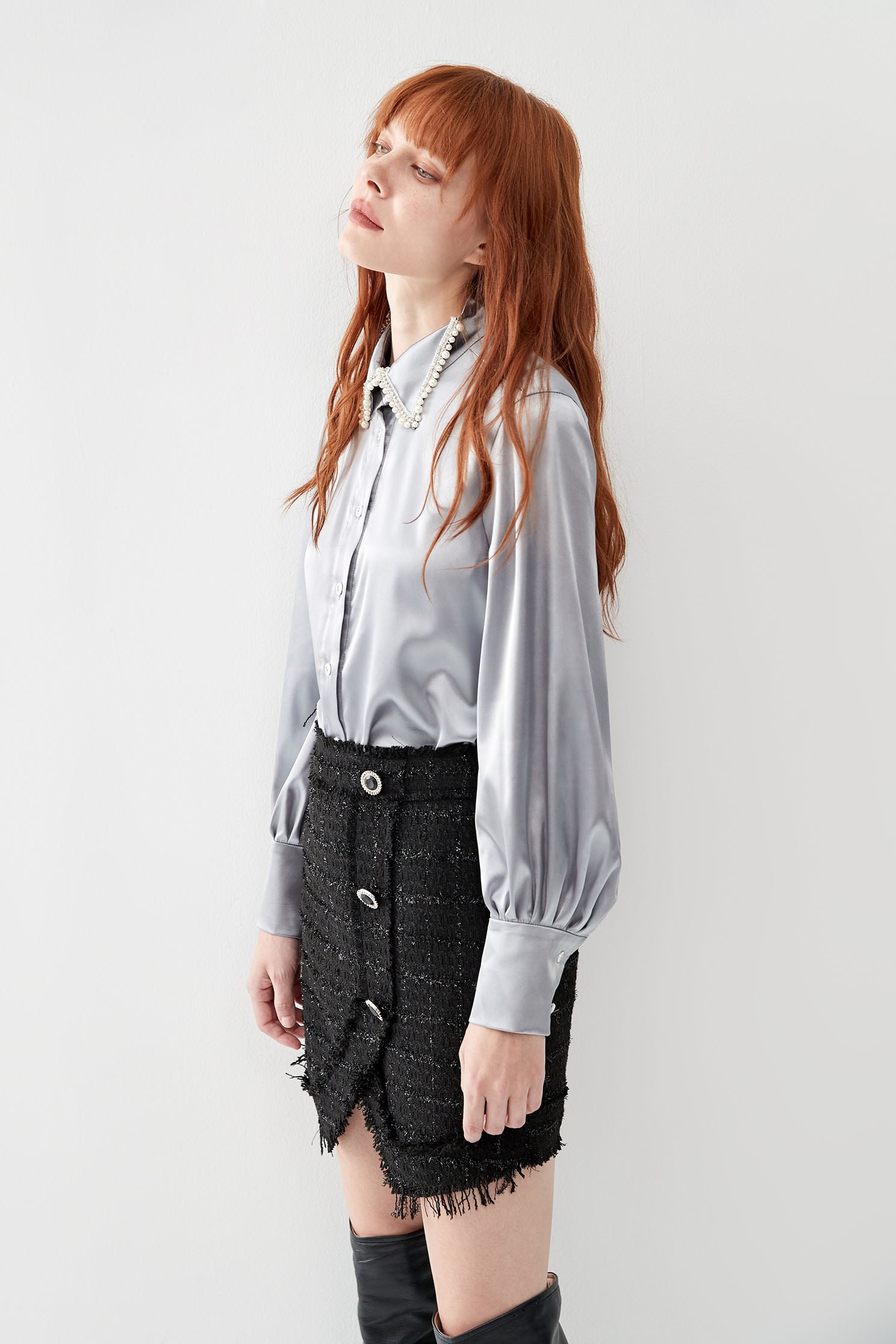 Grey Satin Blouse With Pearl Collar DetailShirt with pearl collar,Tops,pearl,Season (AW) Look,Valentine,Blouses