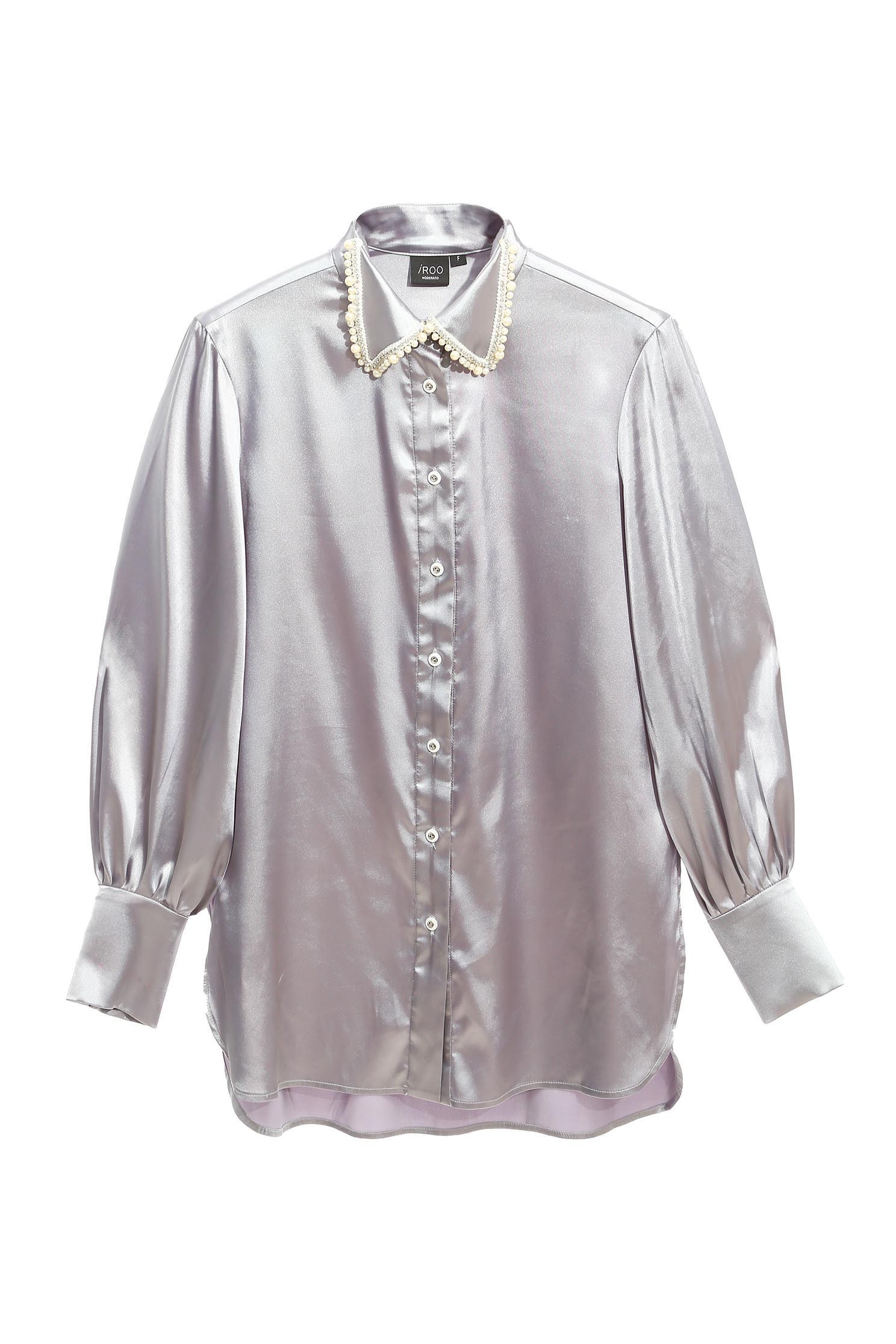 Grey Satin Blouse With Pearl Collar DetailShirt with pearl collar,Tops,pearl,Season (AW) Look,Valentine,Blouses