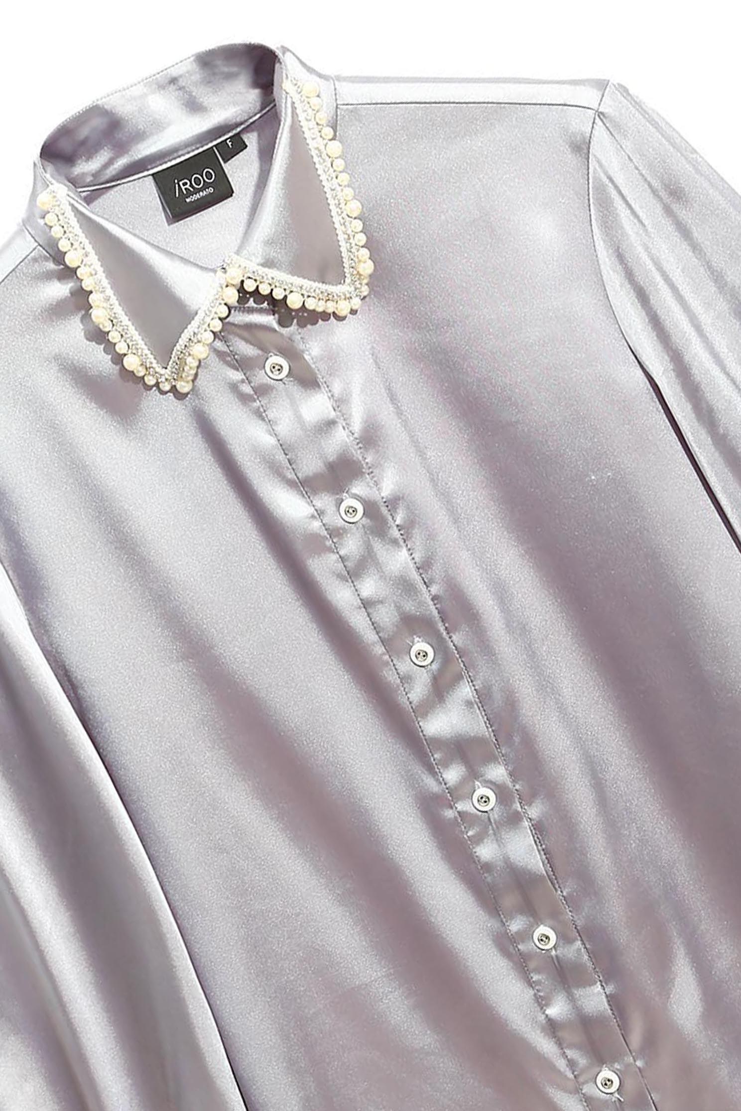 Grey Satin Blouse With Pearl Collar DetailShirt with pearl collar,Tops,pearl,Season (AW) Look,Valentine,Blouses