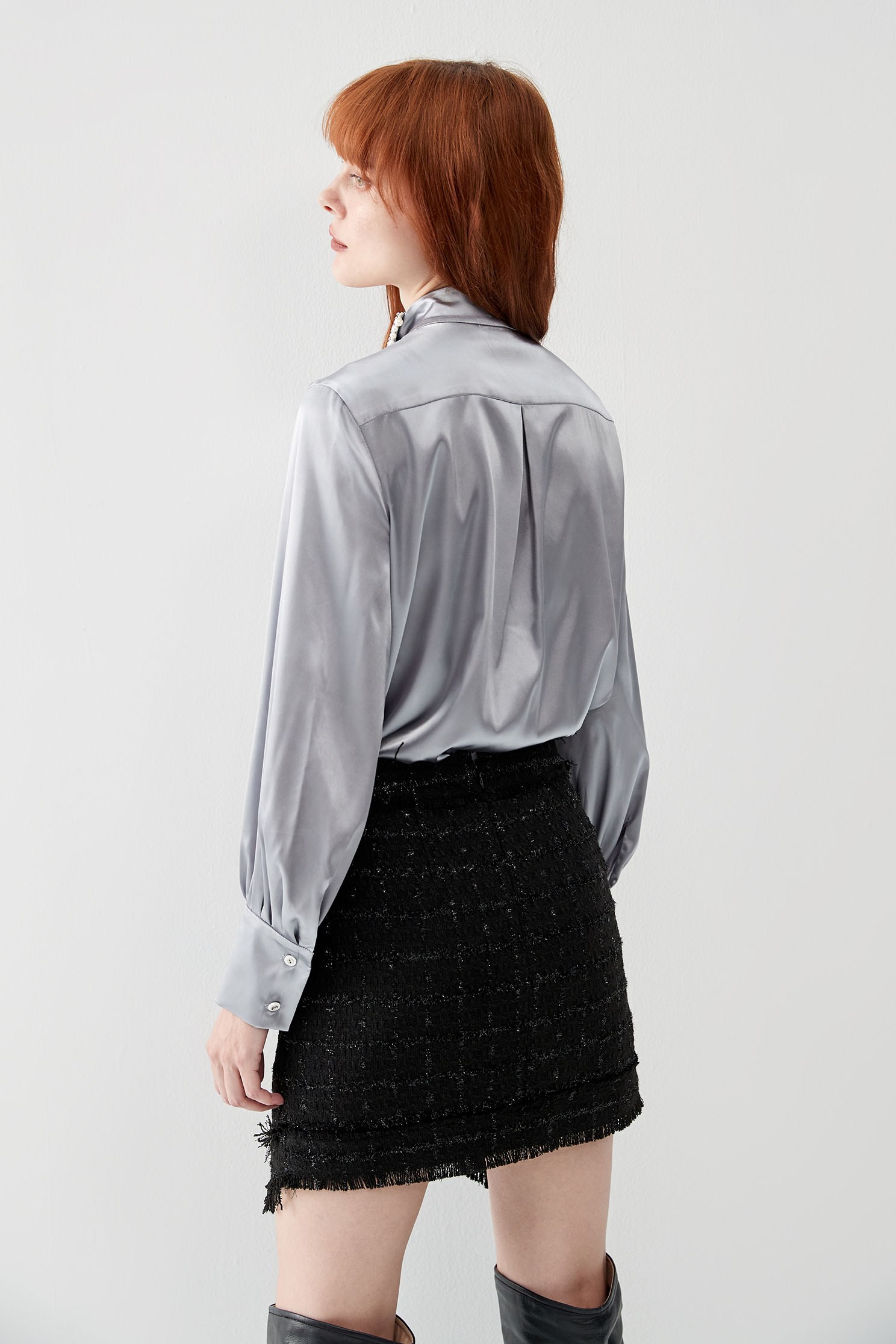 Grey Satin Blouse With Pearl Collar DetailShirt with pearl collar,Tops,pearl,Season (AW) Look,Valentine,Blouses