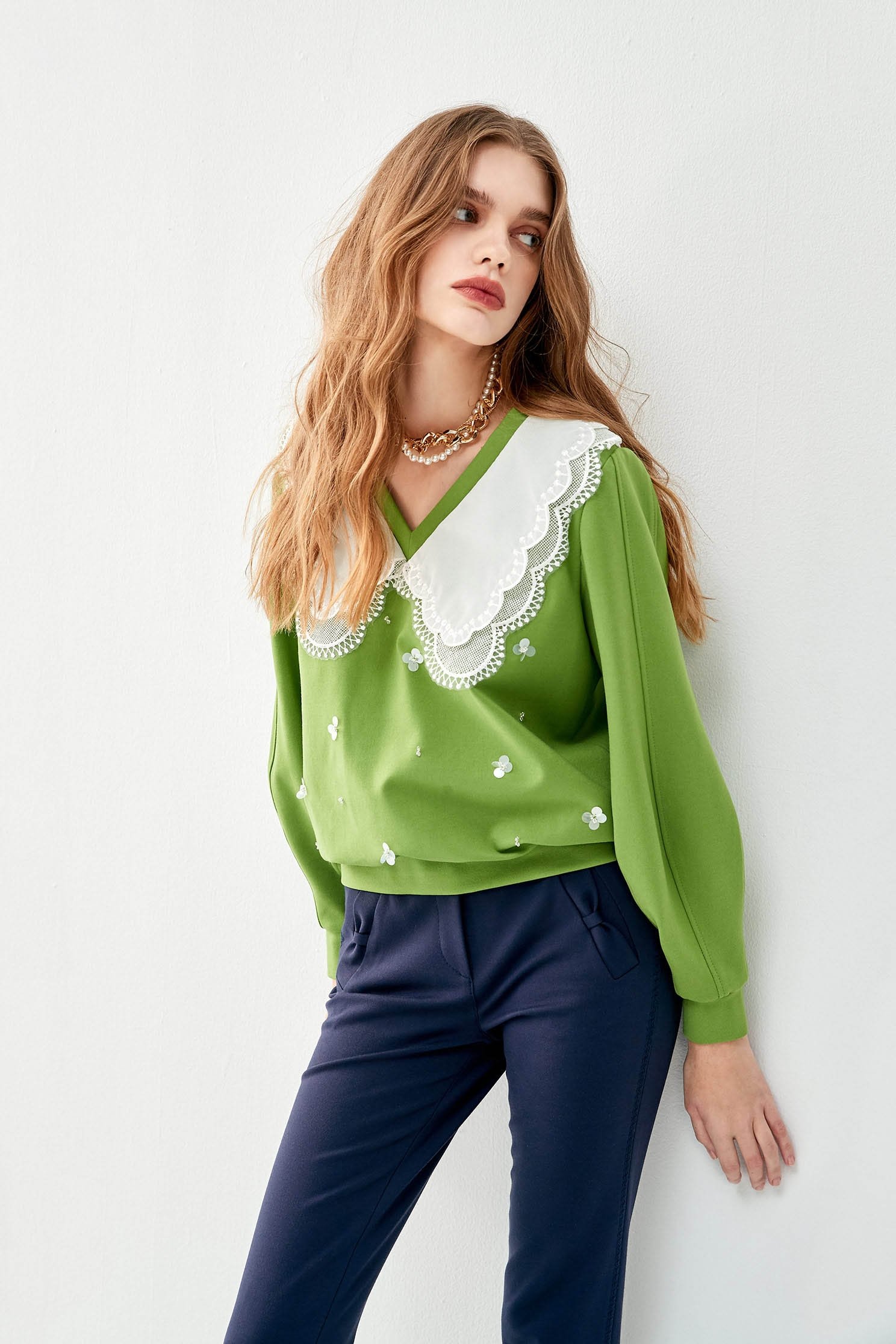 Contrast Lace Green Top With SequinContrast Lace Green Top With Sequin,Tops,Embroidered,Season (AW) Look