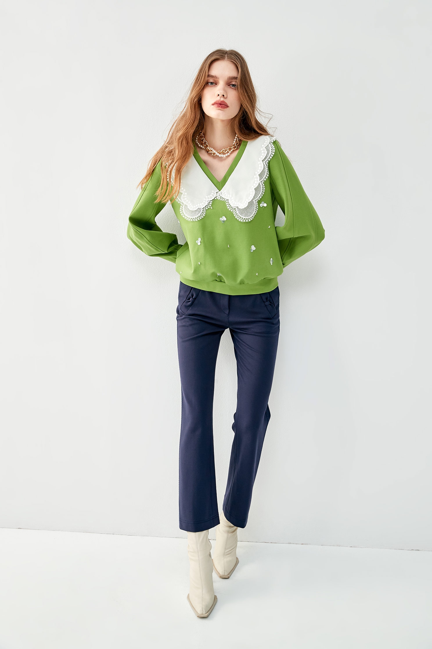 Contrast Lace Green Top With SequinContrast Lace Green Top With Sequin,Tops,Embroidered,Season (AW) Look