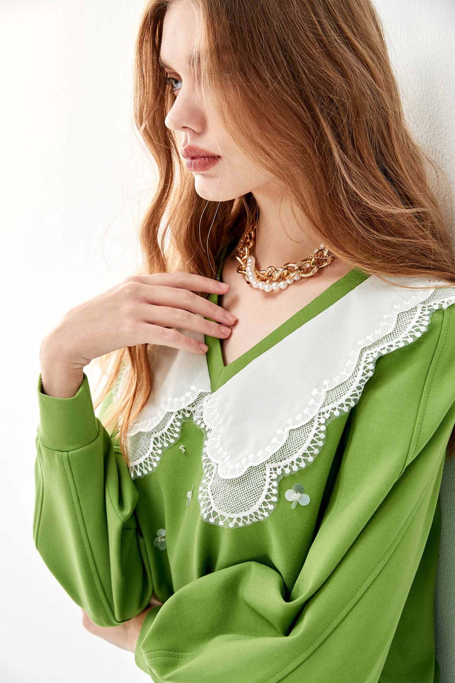 Contrast Lace Green Top With SequinContrast Lace Green Top With Sequin,Tops,Embroidered,Season (AW) Look