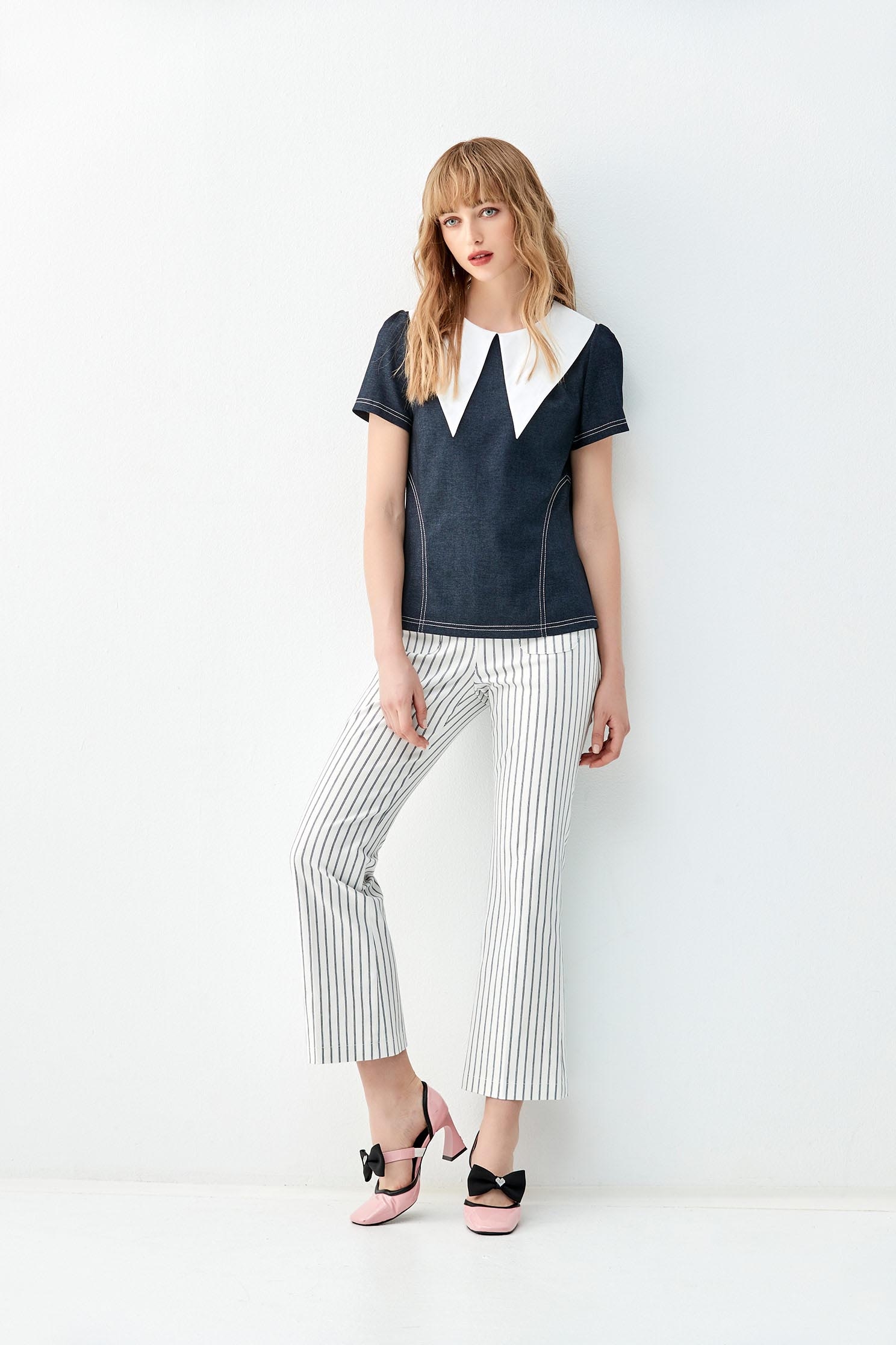 Contrast Collar Short Sleeve TopContrast Collar Short Sleeve Top,Tops,Denim,Season (AW) Look