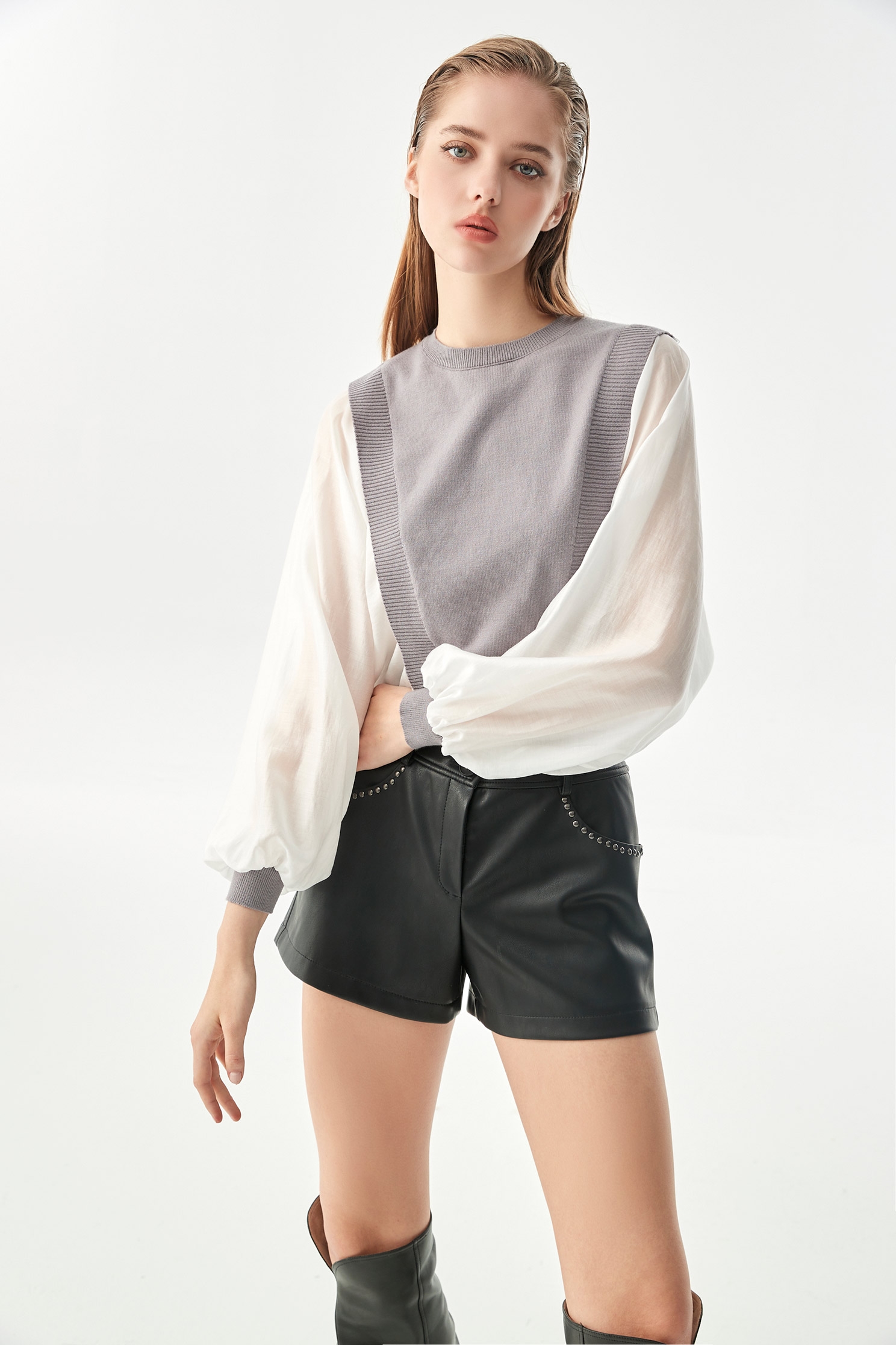 Mix Fabric Batwing Sleeve TopMix Fabric Batwing Sleeve Top,Tops,Season (AW) Look,Knitted,Knitted tops,Knitted tops