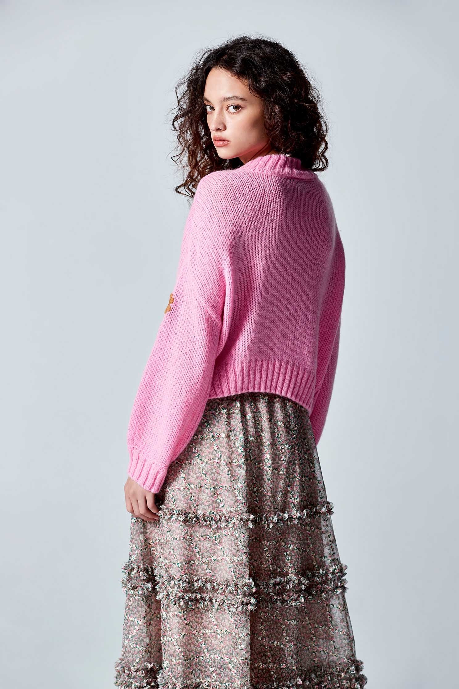 Pink Knit Top With Floral DetailPink Knit Top With Floral Detail,Tops,Season (AW) Look,Knitted,Knitted tops,Knitted tops