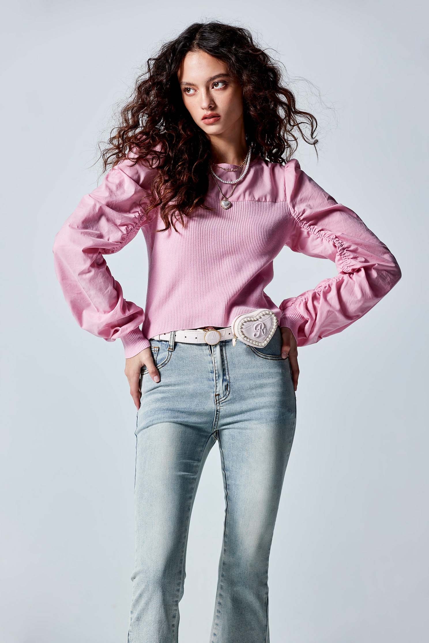 Pink Knit Top With Fixed Shirring Sleeve DetailPink Knit Top With Fixed Shirring Sleeve Detail,Tops,Season (AW) Look,Knitted,Knitted tops