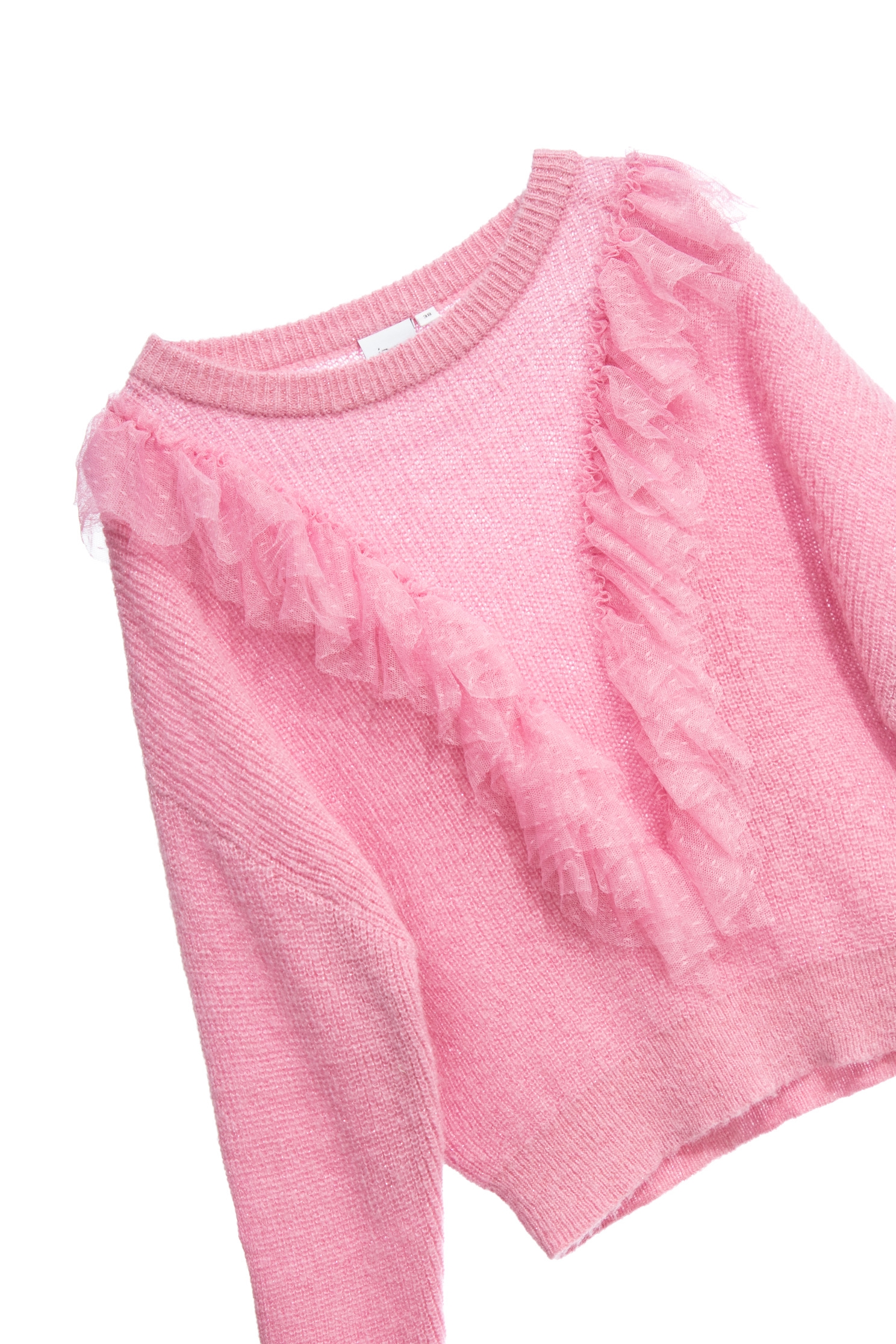 Pink Knit Top With Mesh Ruffle DetailPink Knit Top With Mesh Ruffle Detail,Tops,Season (AW) Look,Knitted,Knitted tops,Knitted tops