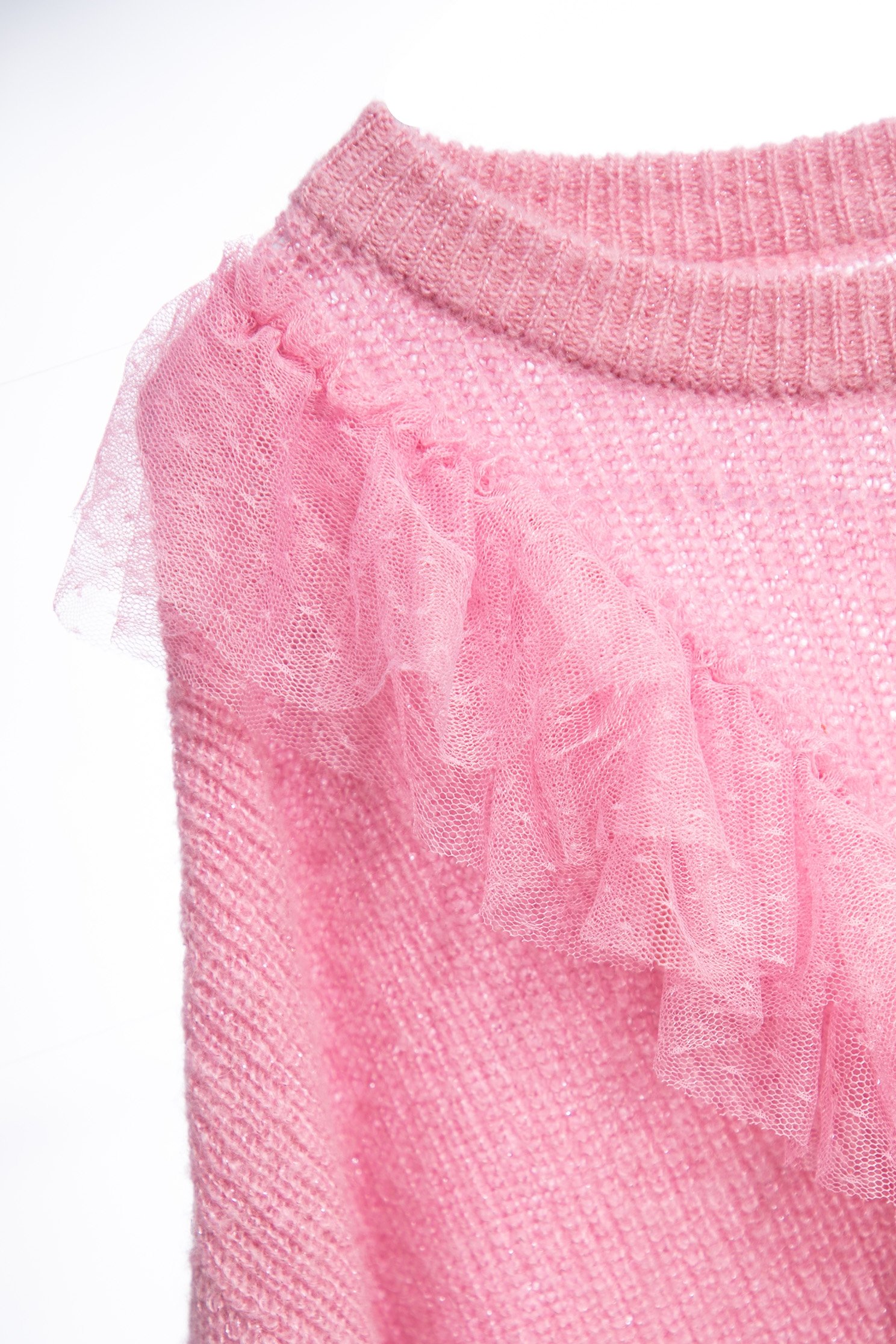 Pink Knit Top With Mesh Ruffle DetailPink Knit Top With Mesh Ruffle Detail,Tops,Season (AW) Look,Knitted,Knitted tops,Knitted tops