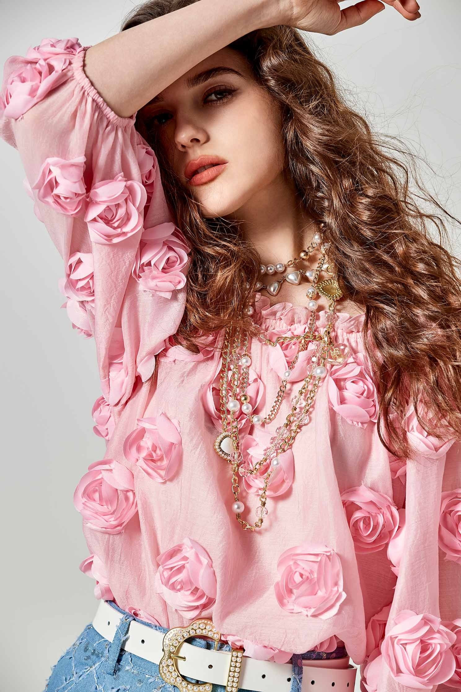 3-D Rose Detail Pink Top3-D Rose Detail Pink Top,Tops,Season (SS) Look