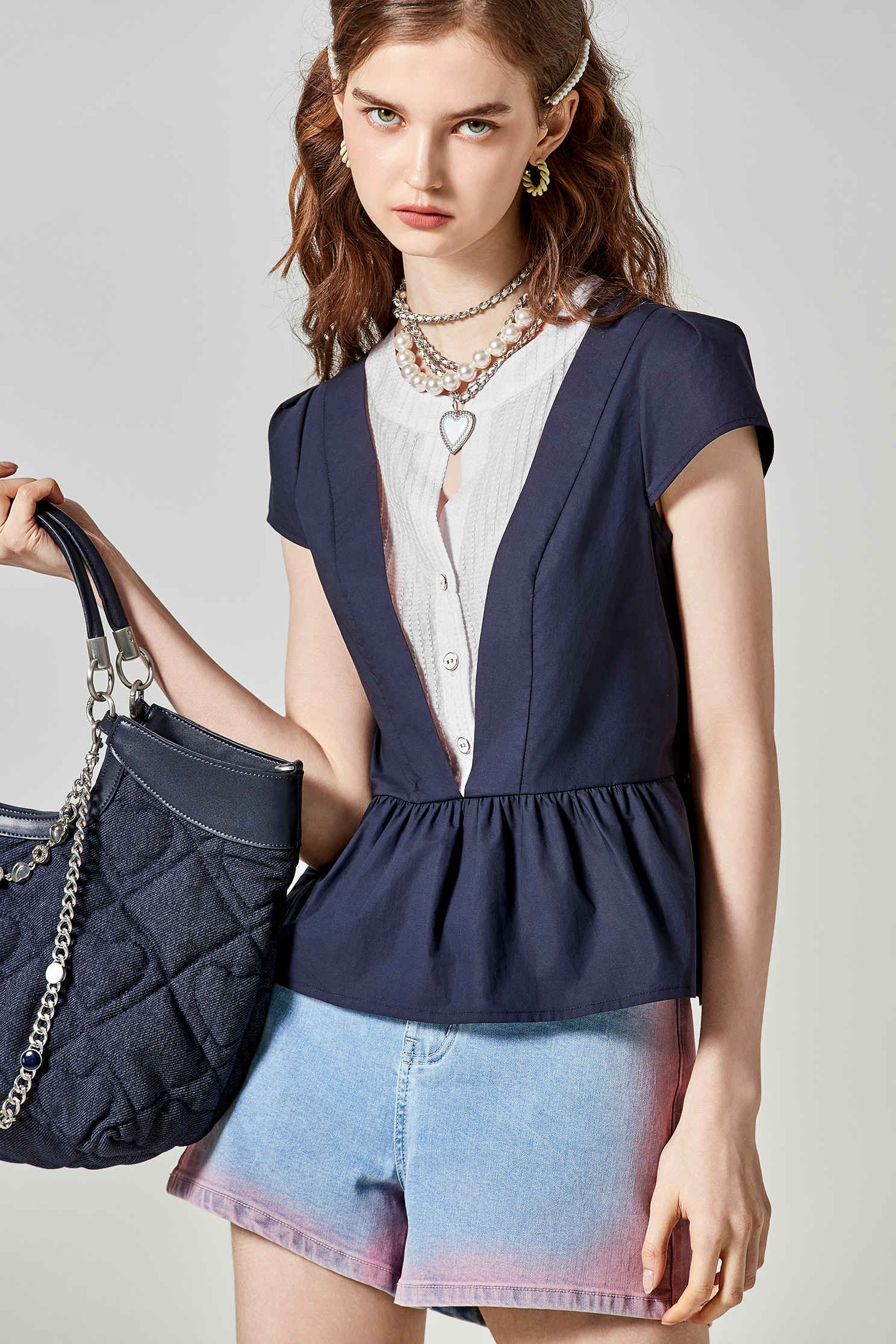 Short Sleeve Fake Two Piece Peplum TopShort Sleeve Fake Two Piece Peplum Top,Tops,Season (SS) Look,Blouses