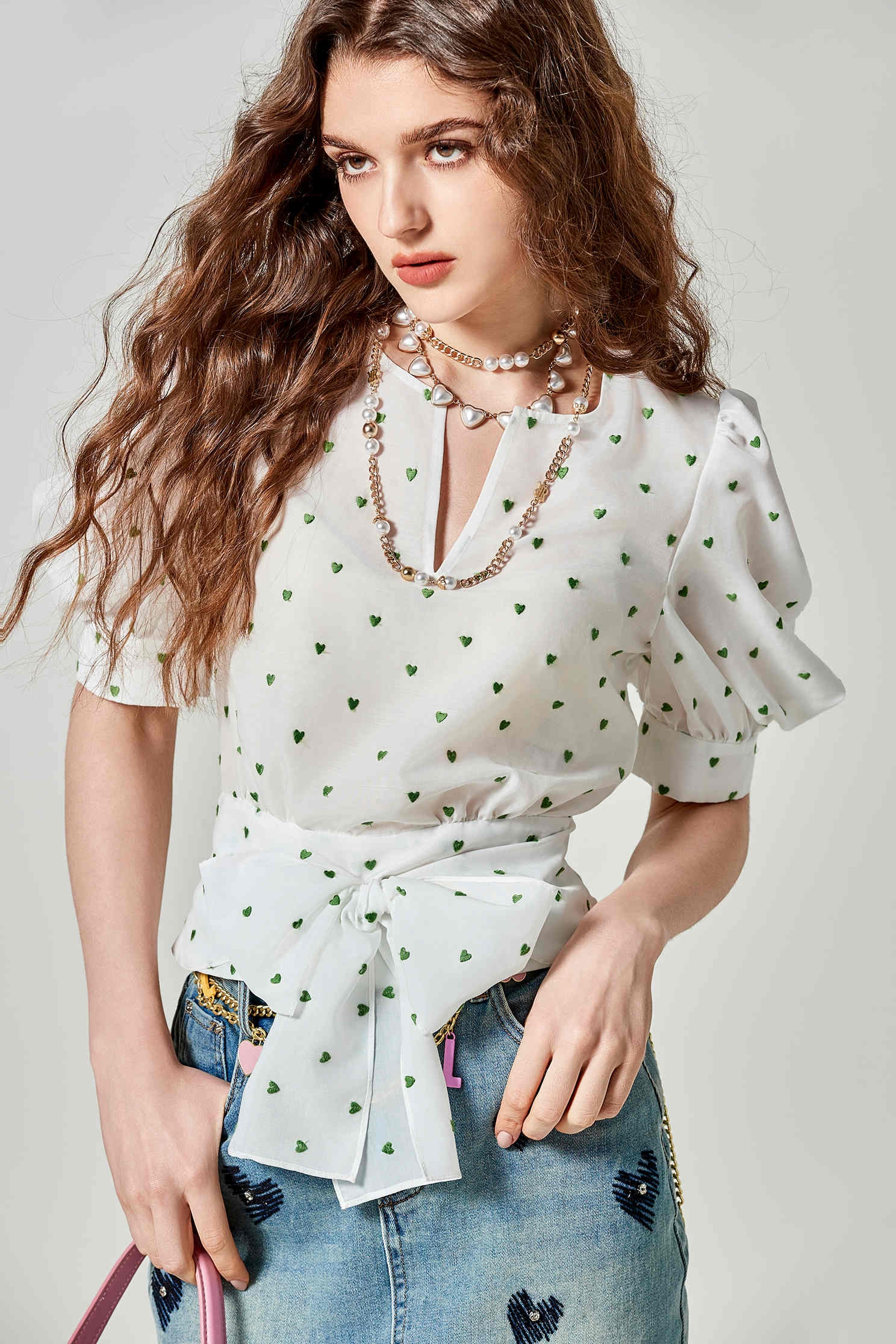 Heart Embroidered Pattern Puff Sleeve TopHetian Jade Color Heart Embroidery Top,Tops,Embroidered,Season (SS) Look