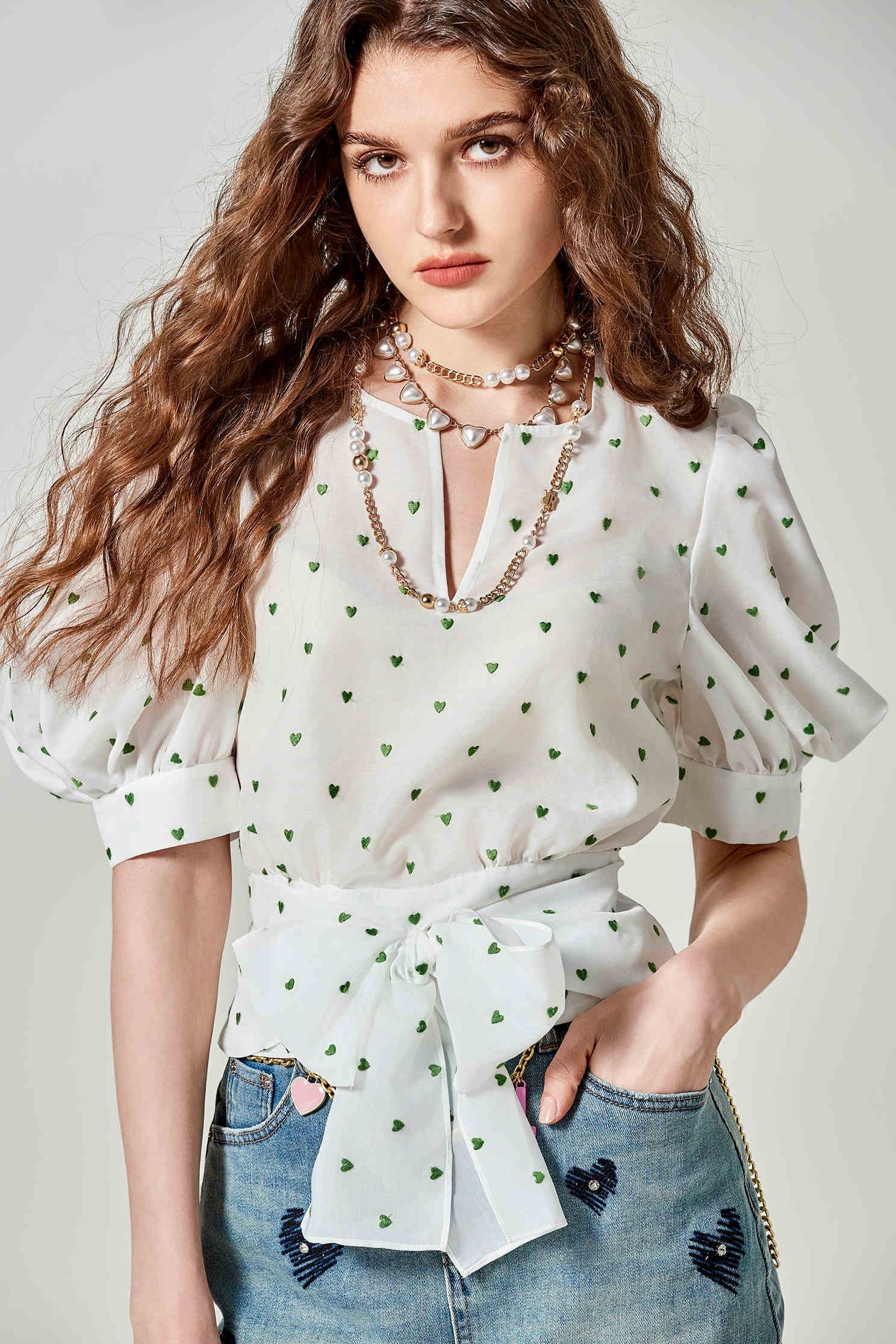 Heart Embroidered Pattern Puff Sleeve TopHetian Jade Color Heart Embroidery Top,Tops,Embroidered,Season (SS) Look