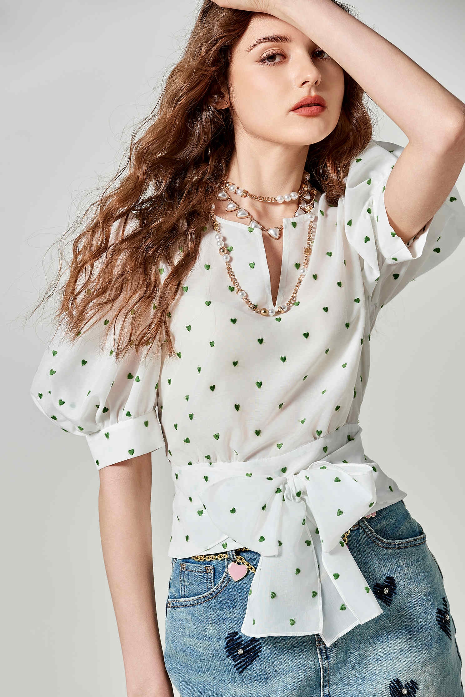 Heart Embroidered Pattern Puff Sleeve TopHetian Jade Color Heart Embroidery Top,Tops,Embroidered,Season (SS) Look