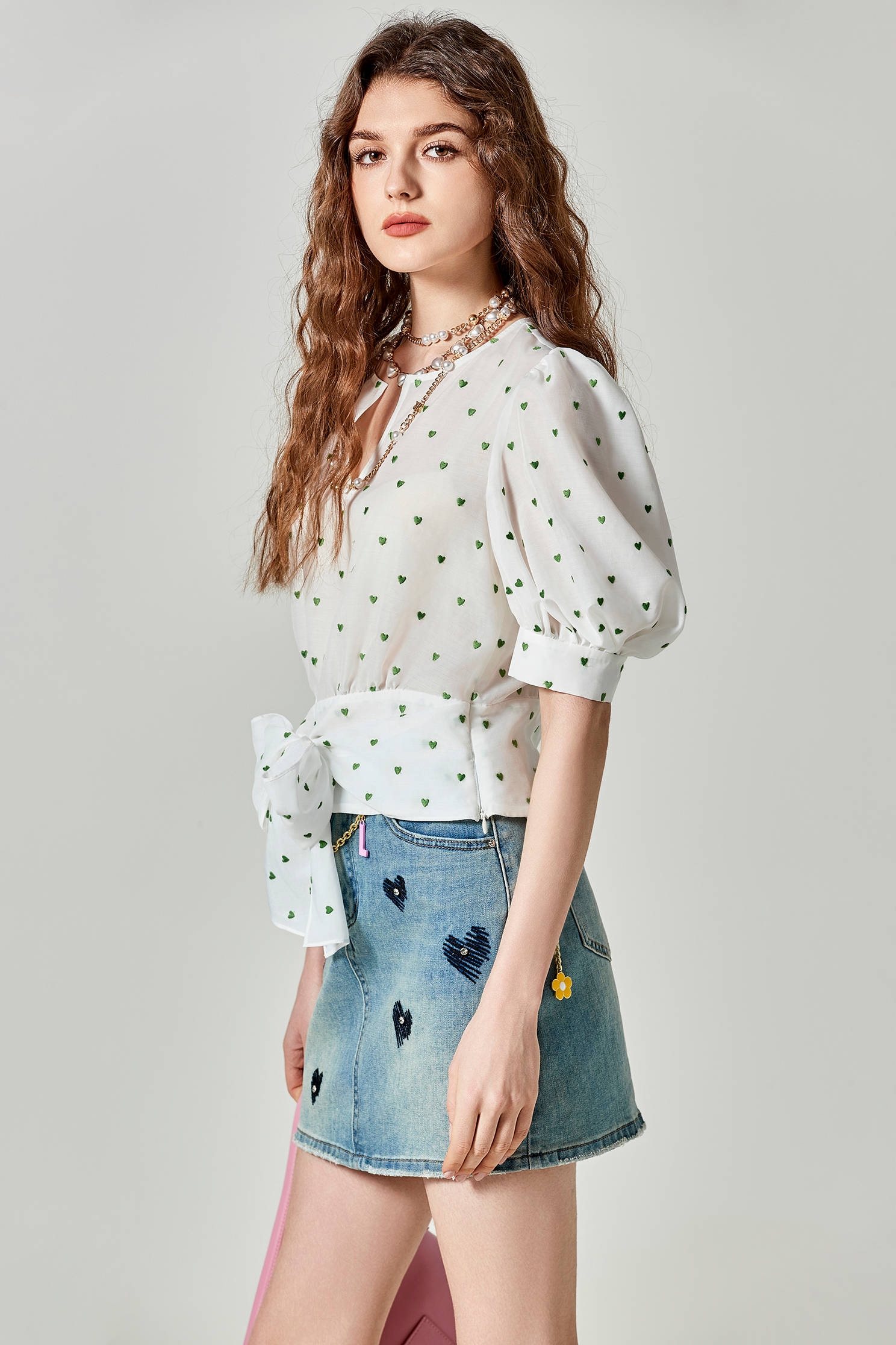 Heart Embroidered Pattern Puff Sleeve TopHetian Jade Color Heart Embroidery Top,Tops,Embroidered,Season (SS) Look